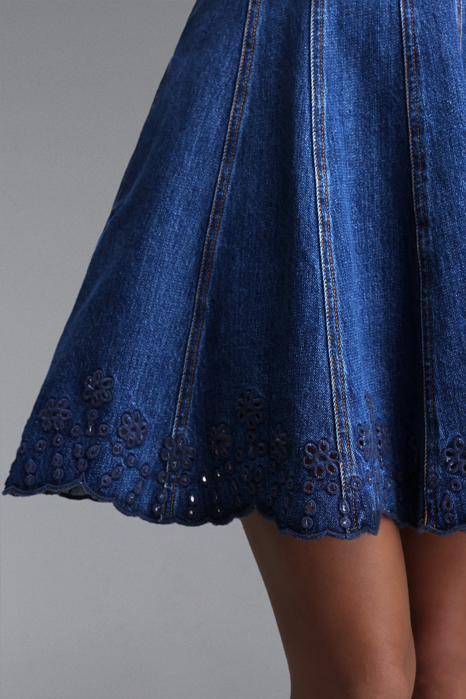 Monica Chic Tailored Sleeveless Floral A-Line Denim Mini Dress	
