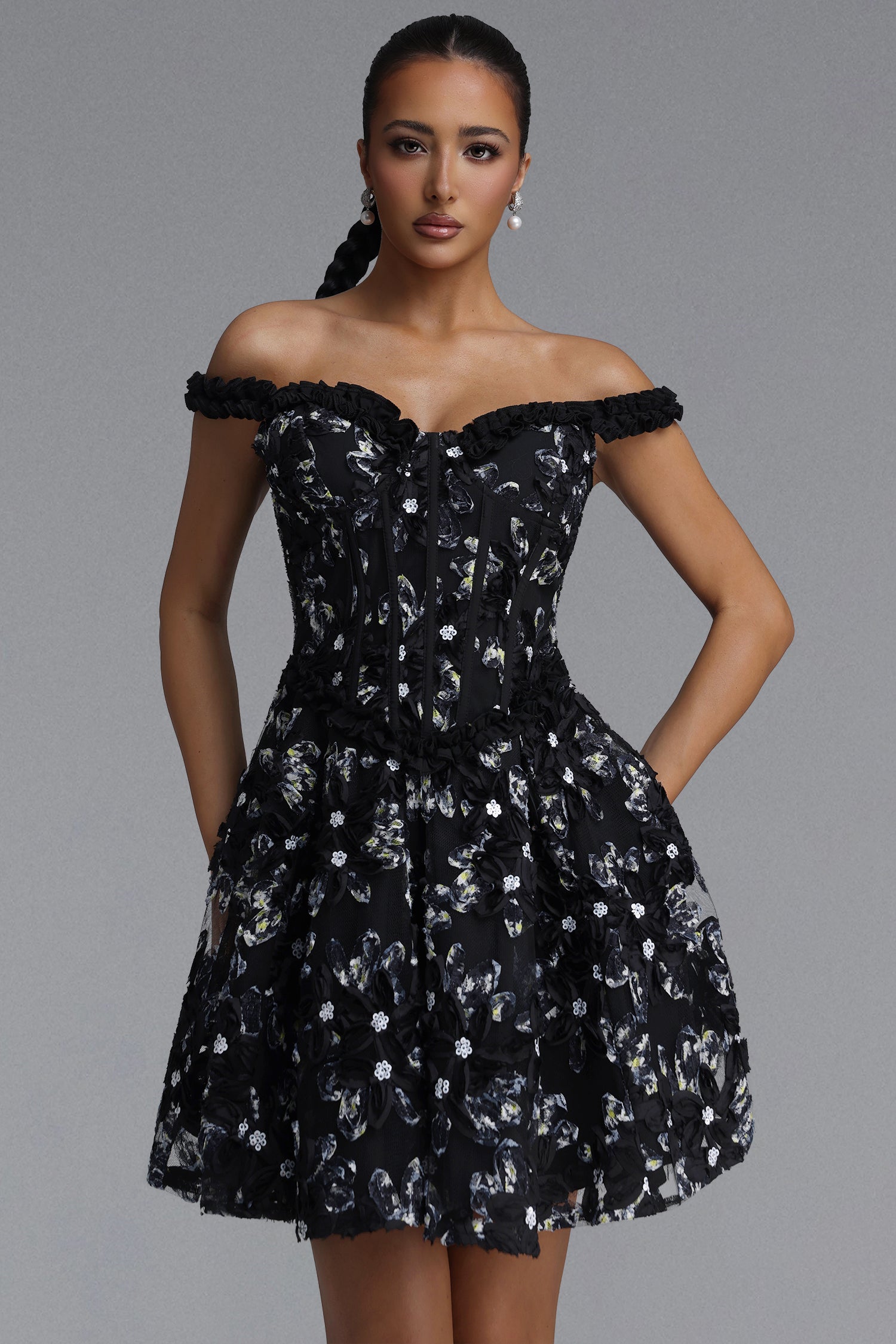 Tafari Romantic Tailored Off Shoulder Floral Woven Mini Dress	