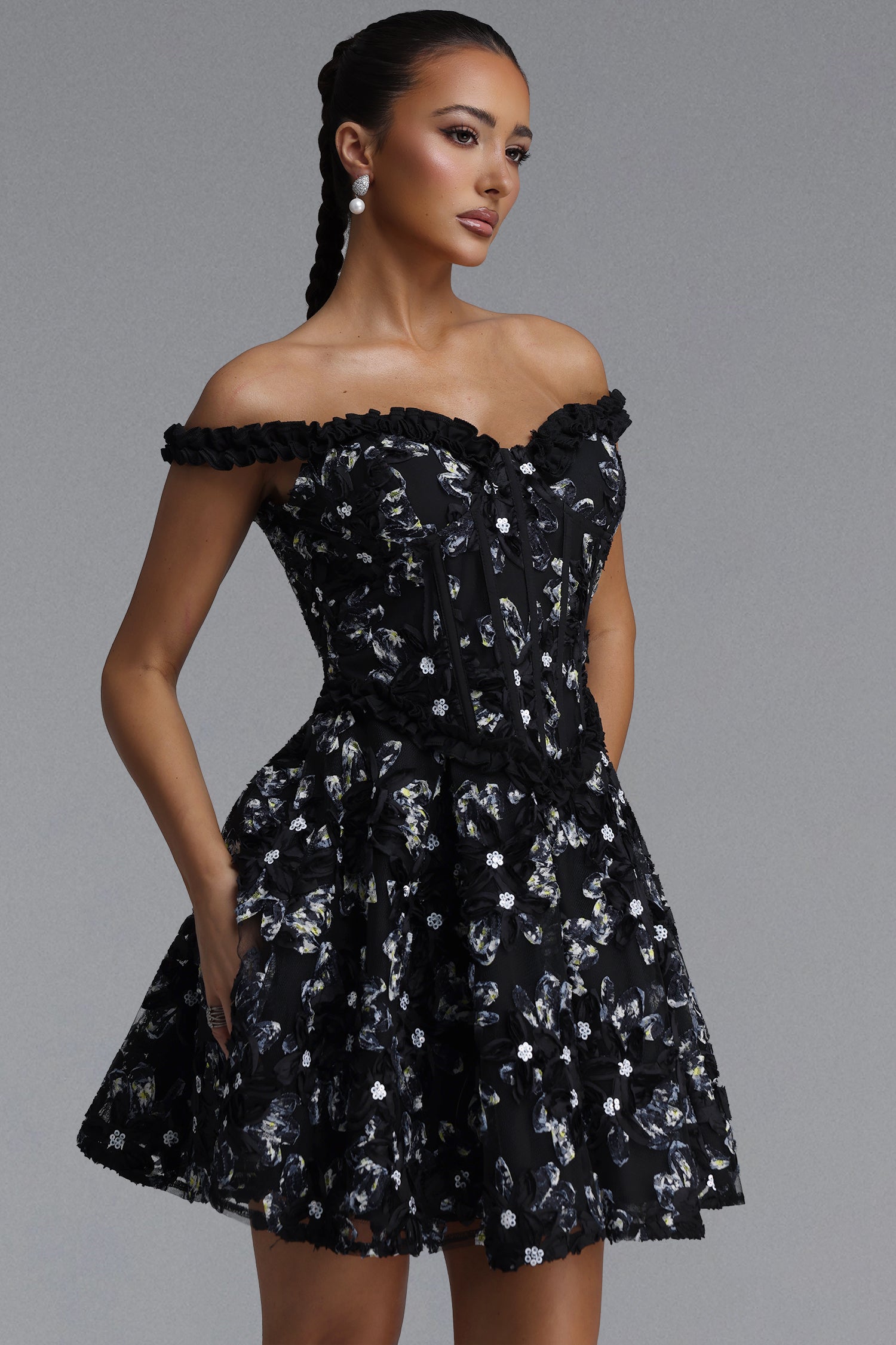 Tafari Romantic Tailored Off Shoulder Floral Woven Mini Dress	