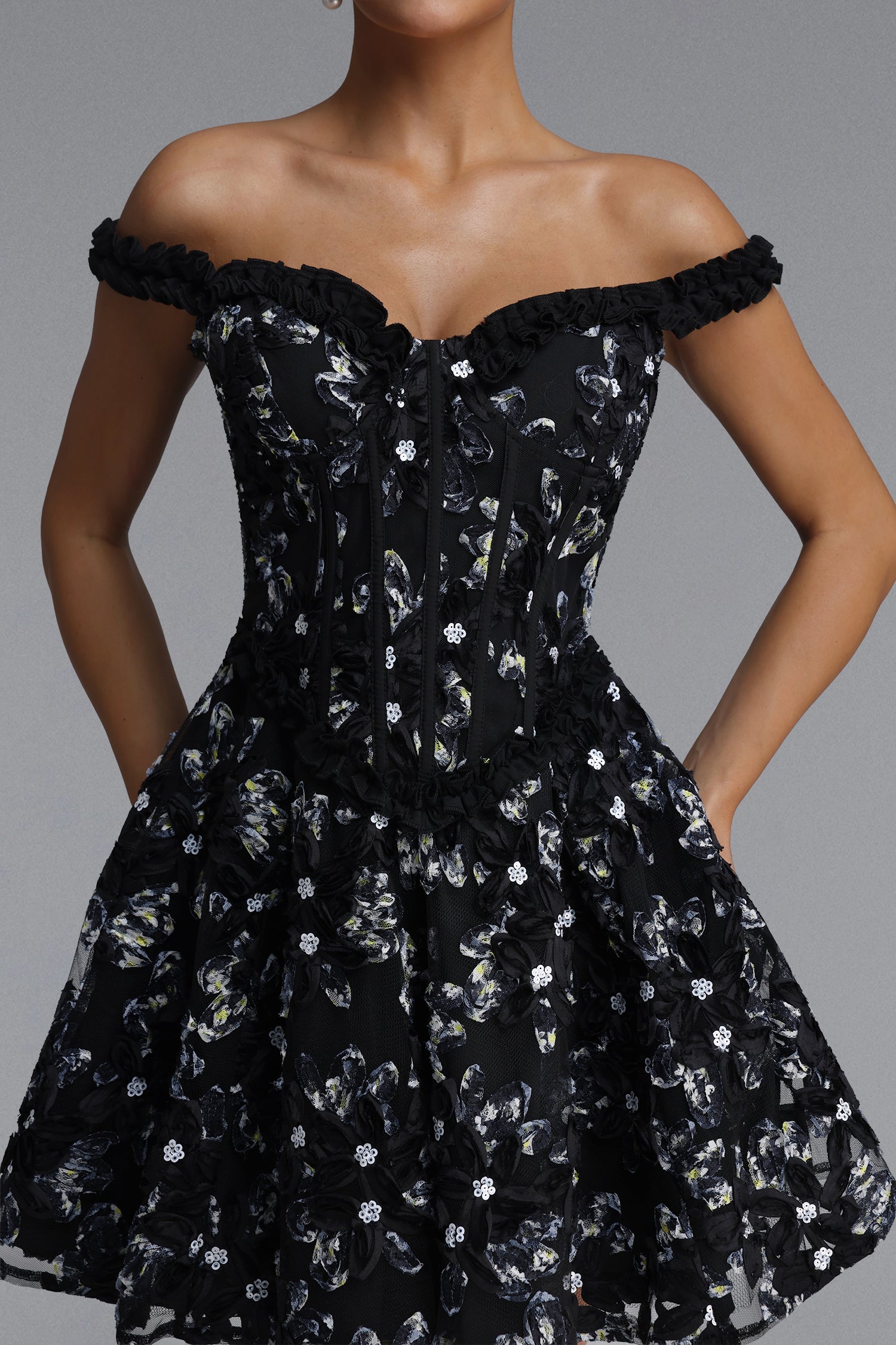 Tafari Romantic Tailored Off Shoulder Floral Woven Mini Dress	