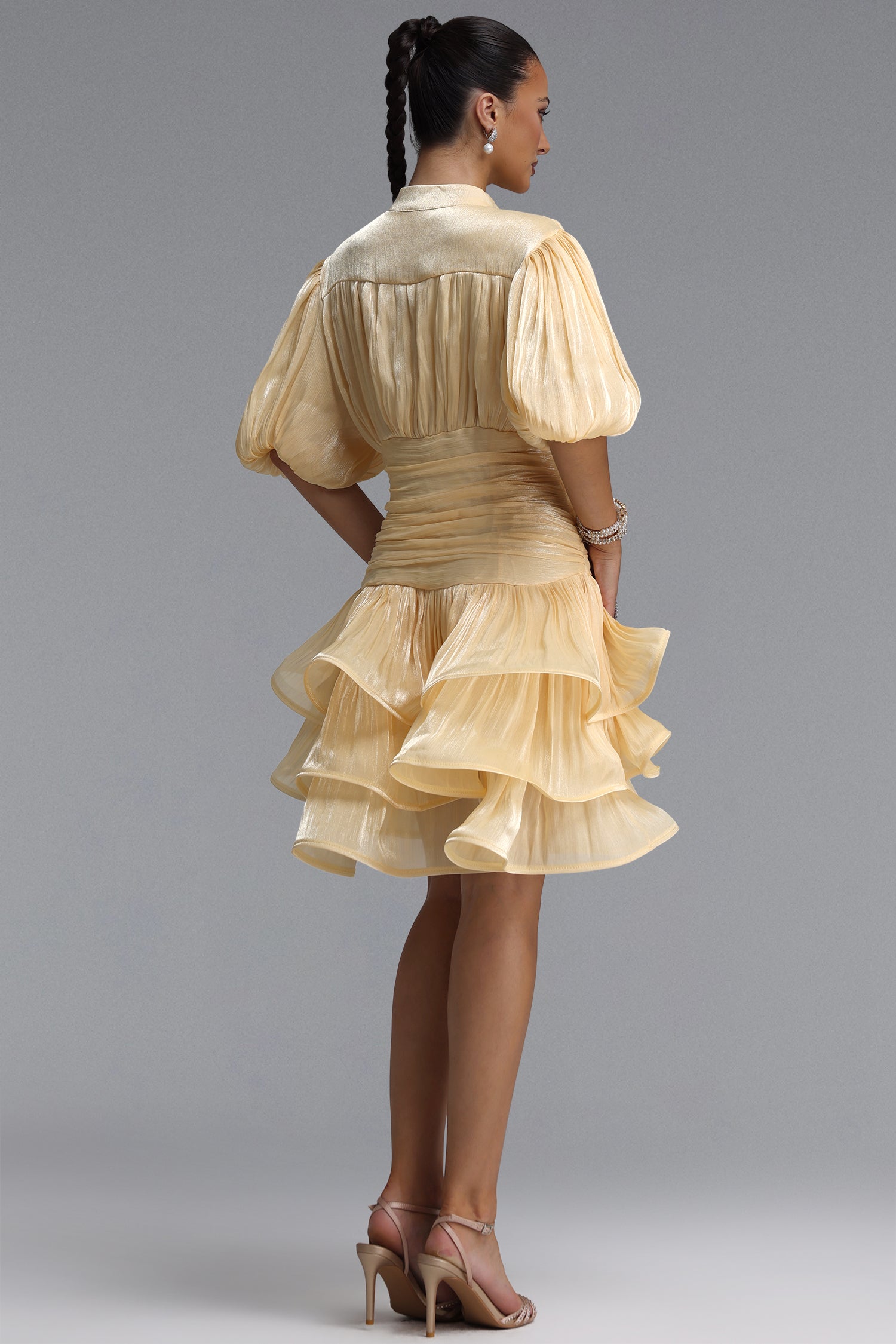 Fagra Resort Flowy Puff Sleeve Ruffle Shimmer Satin Mini Dress	