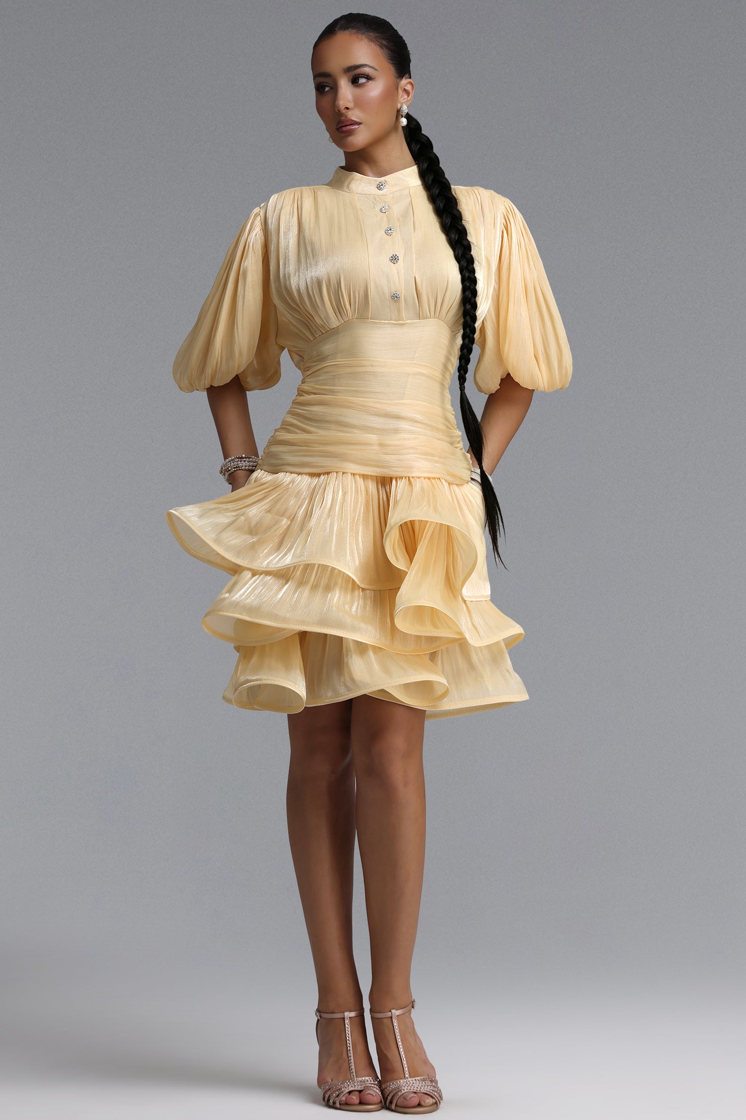Fagra Resort Flowy Puff Sleeve Ruffle Shimmer Satin Mini Dress	