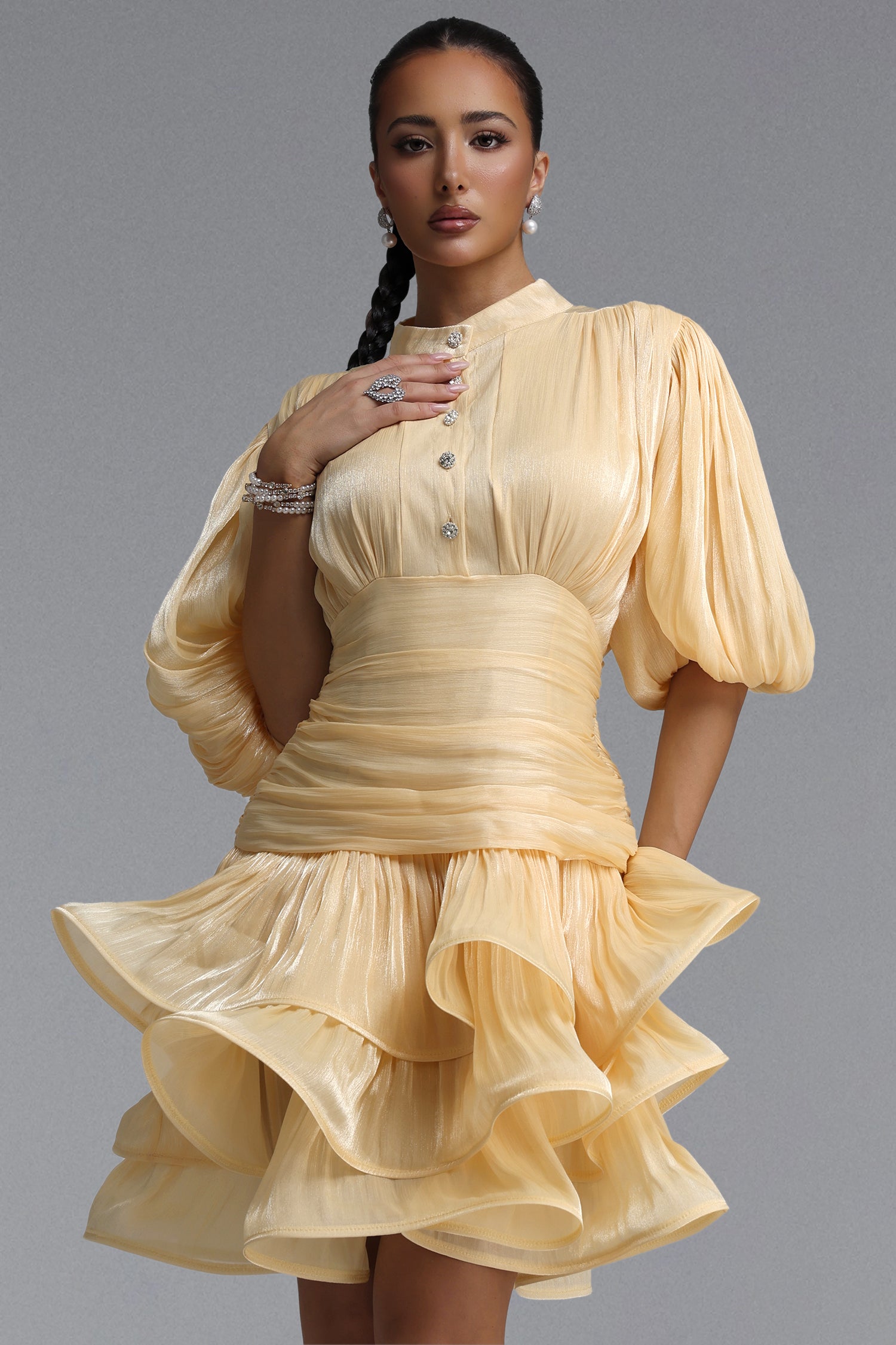 Fagra Resort Flowy Puff Sleeve Ruffle Shimmer Satin Mini Dress	
