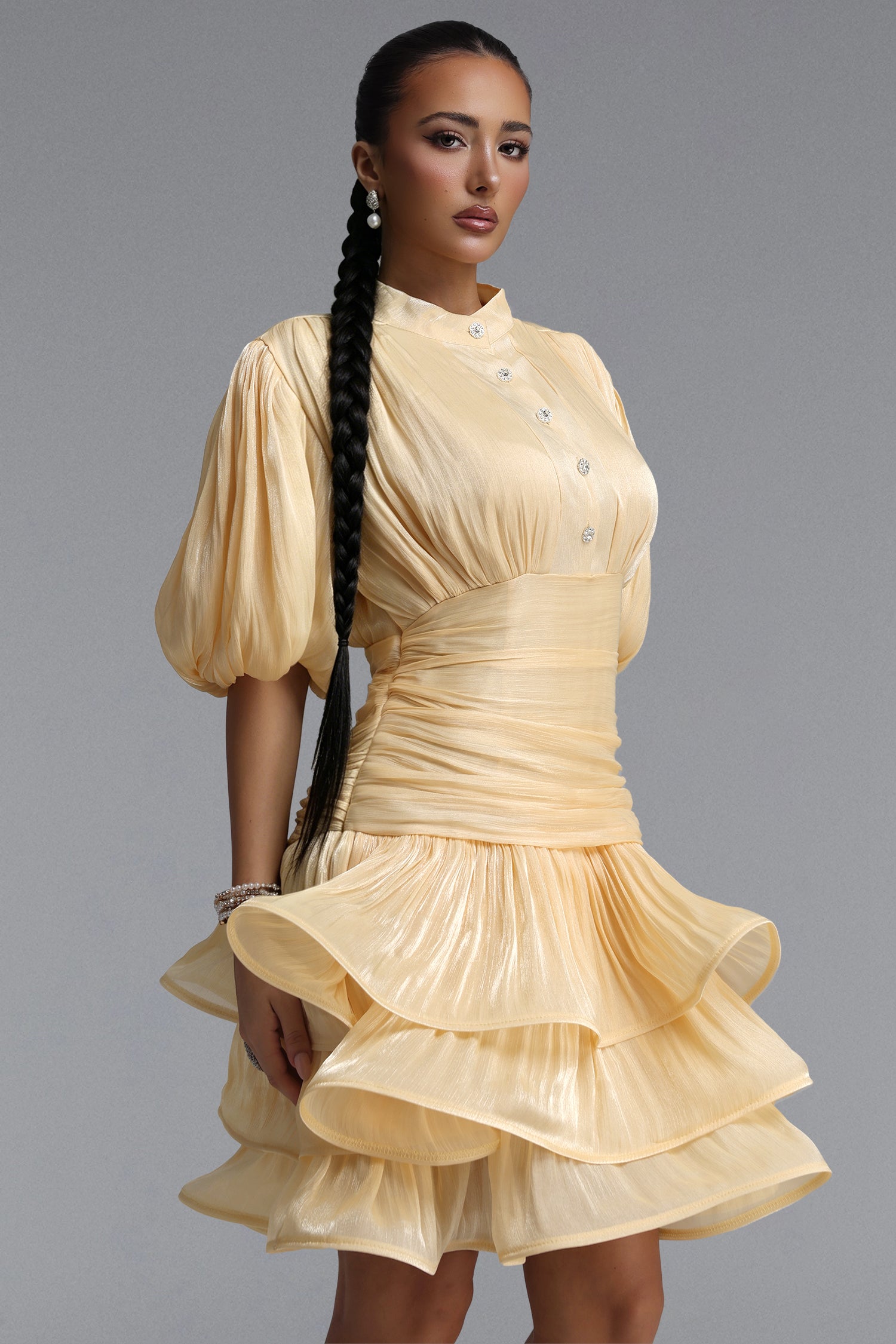 Fagra Resort Flowy Puff Sleeve Ruffle Shimmer Satin Mini Dress	