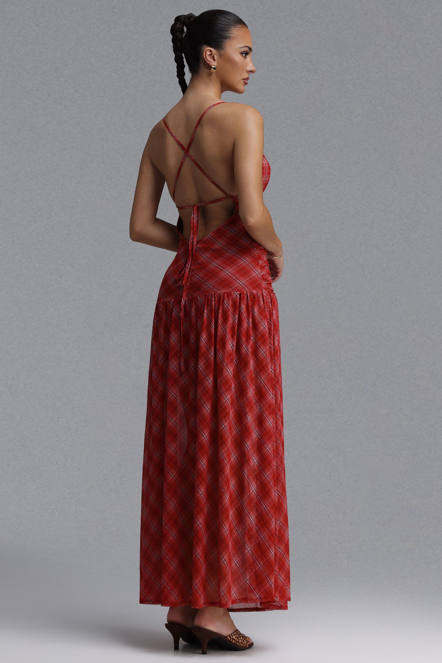 Imane Resort Flowy Spaghetti Strap Plaid Chiffon Maxi Dress	
