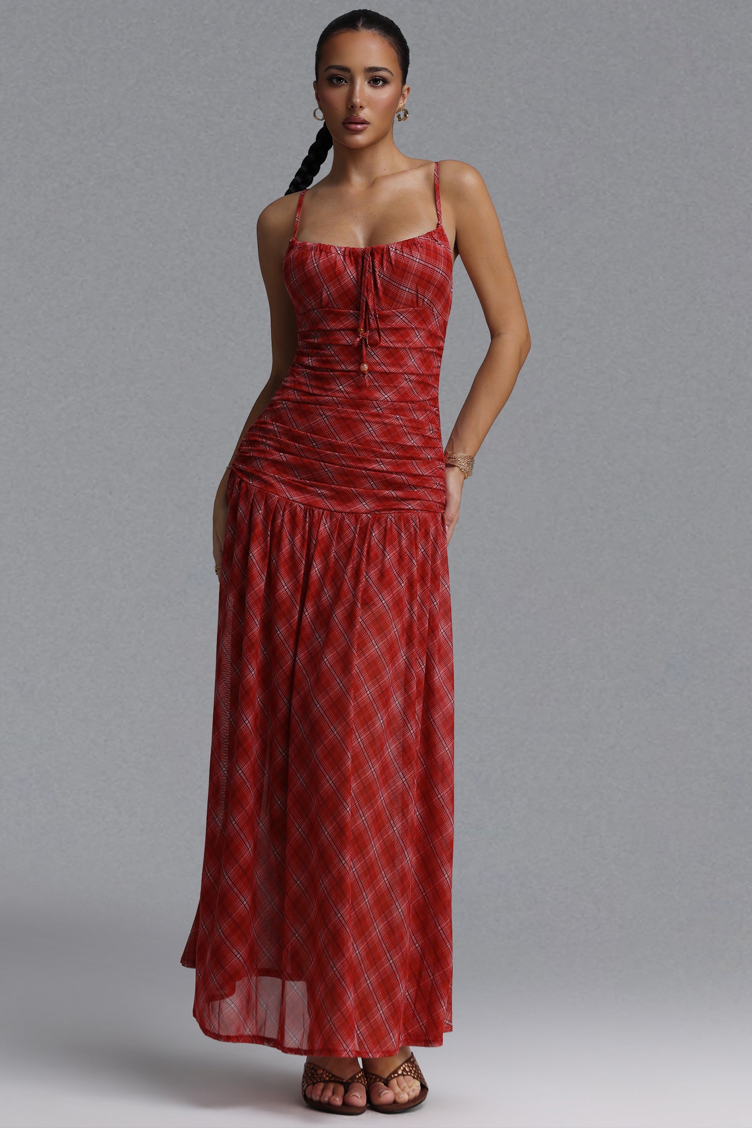 Imane Resort Flowy Spaghetti Strap Plaid Chiffon Maxi Dress	