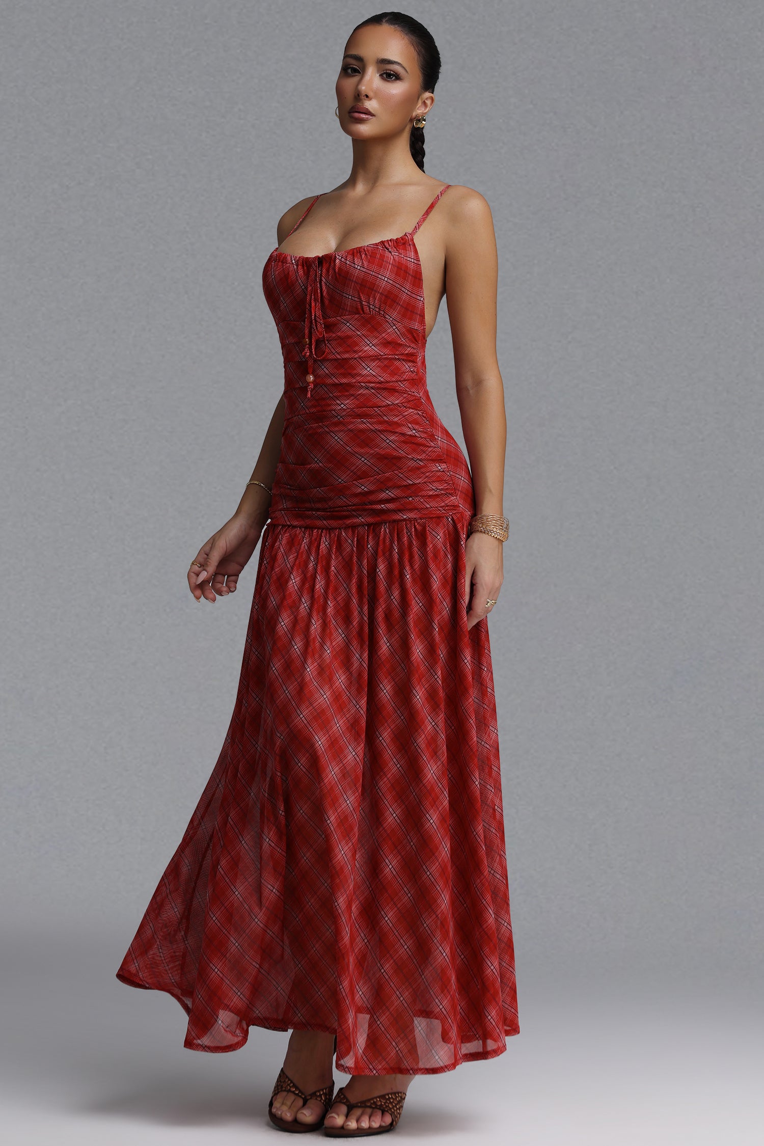Imane Resort Flowy Spaghetti Strap Plaid Chiffon Maxi Dress	