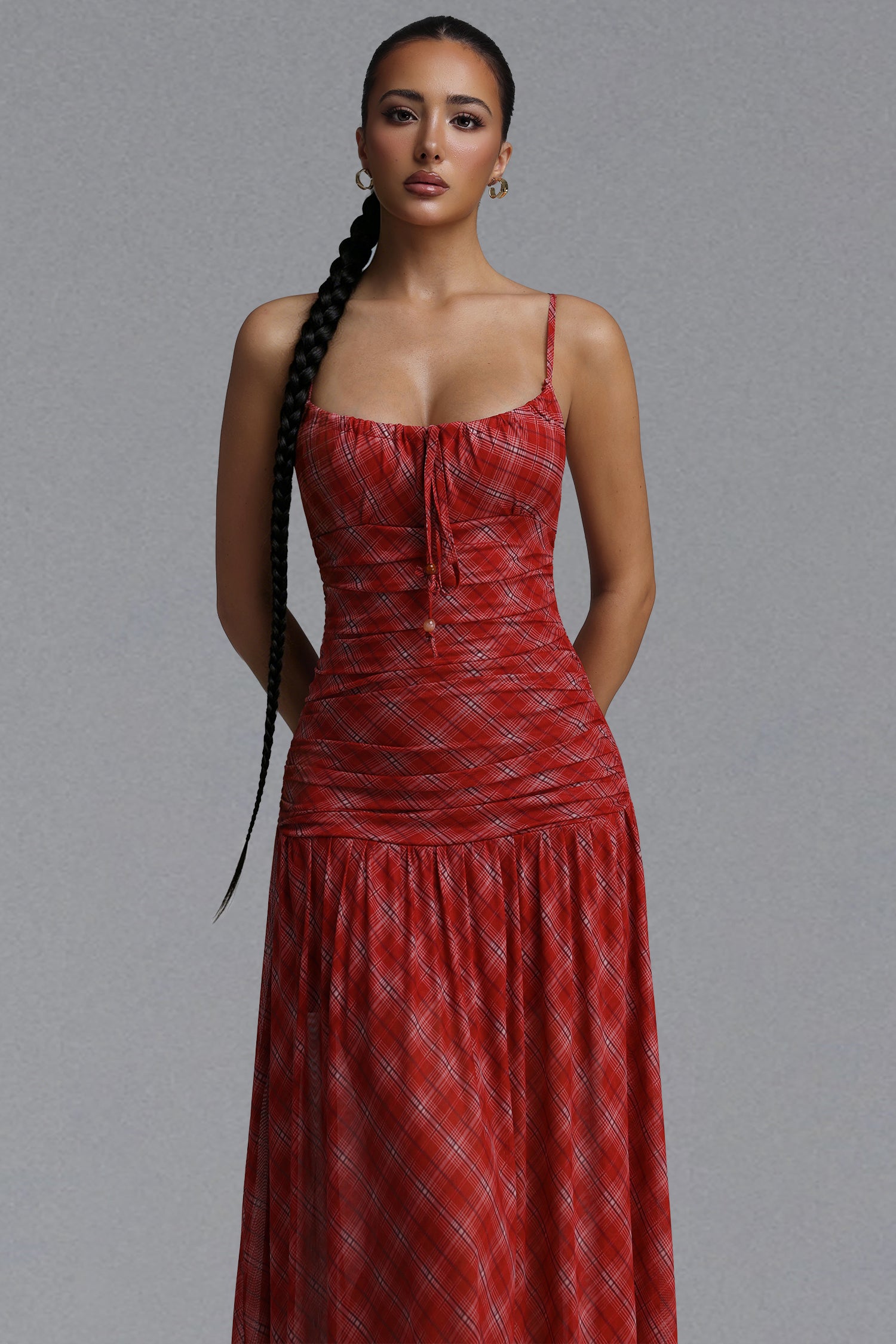 Imane Resort Flowy Spaghetti Strap Plaid Chiffon Maxi Dress	