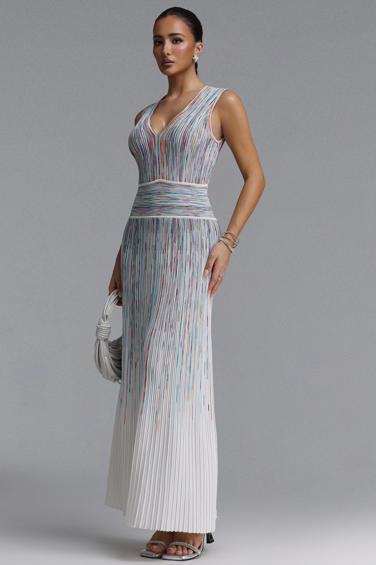 Sareka Elegant Cinched V Neck Sleeveless Striped Knit Maxi Dress	