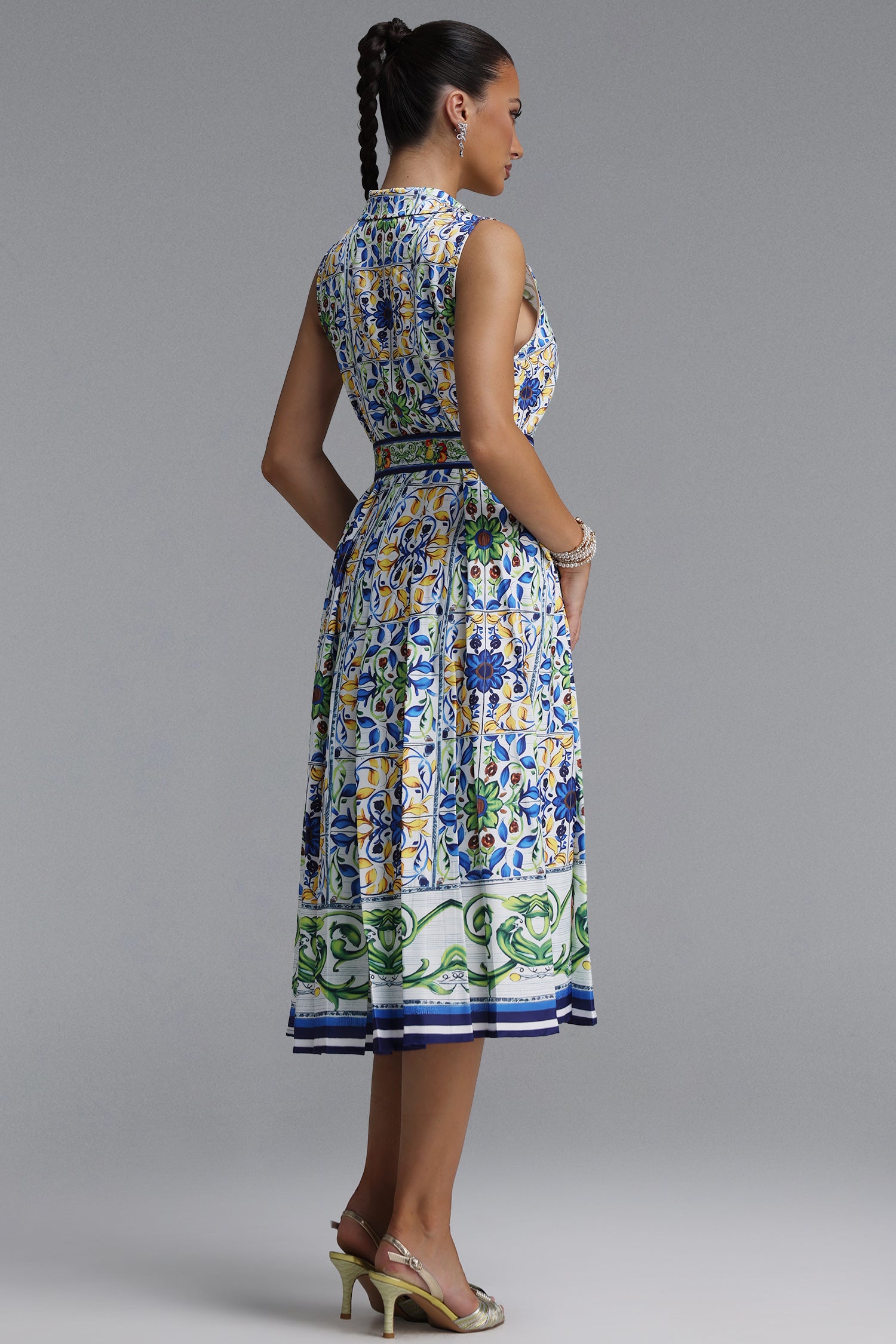 Saffie Resort Tailored Sleeveless Floral Print Woven Midi Dress	