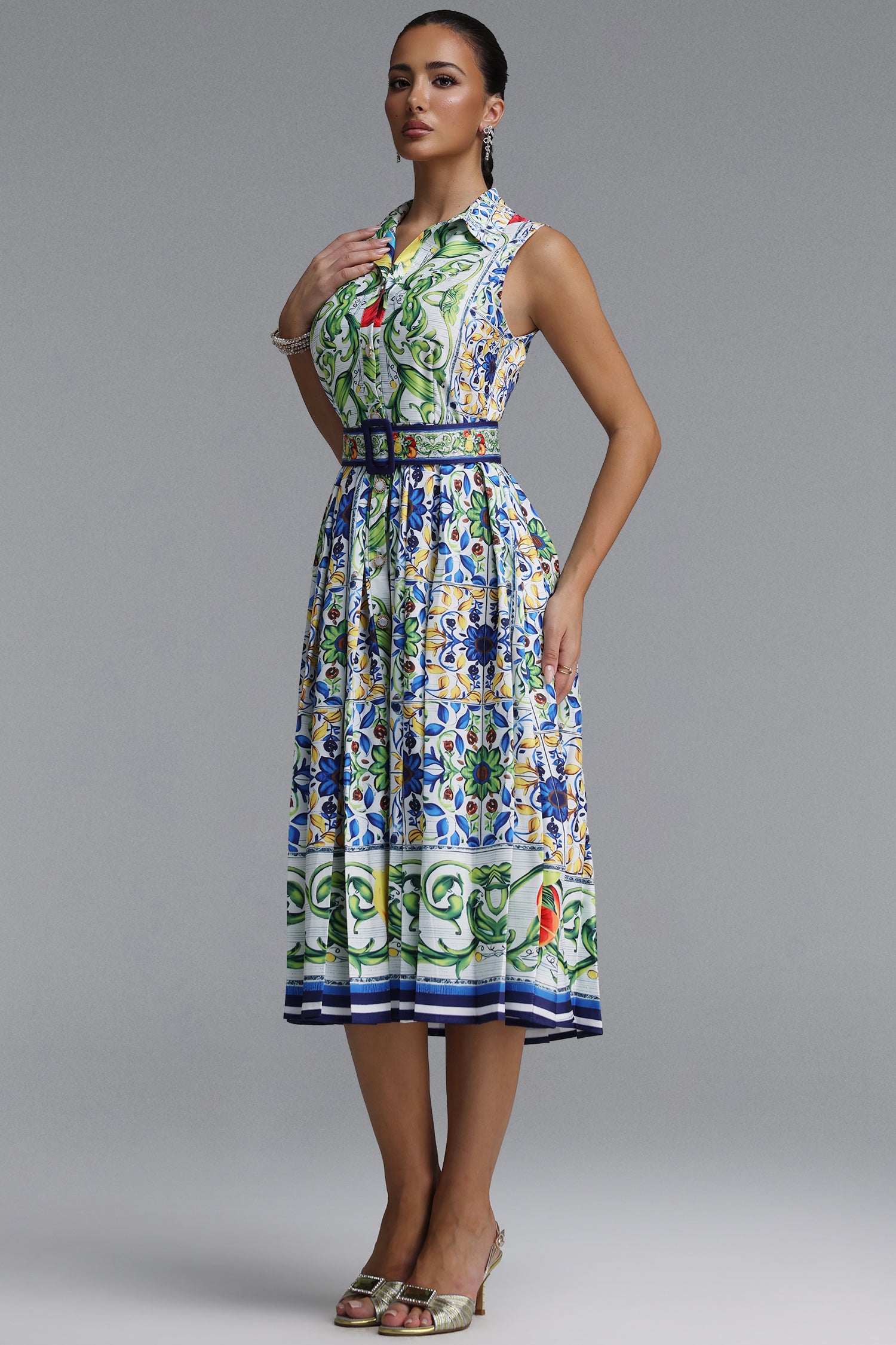 Saffie Resort Tailored Sleeveless Floral Print Woven Midi Dress	