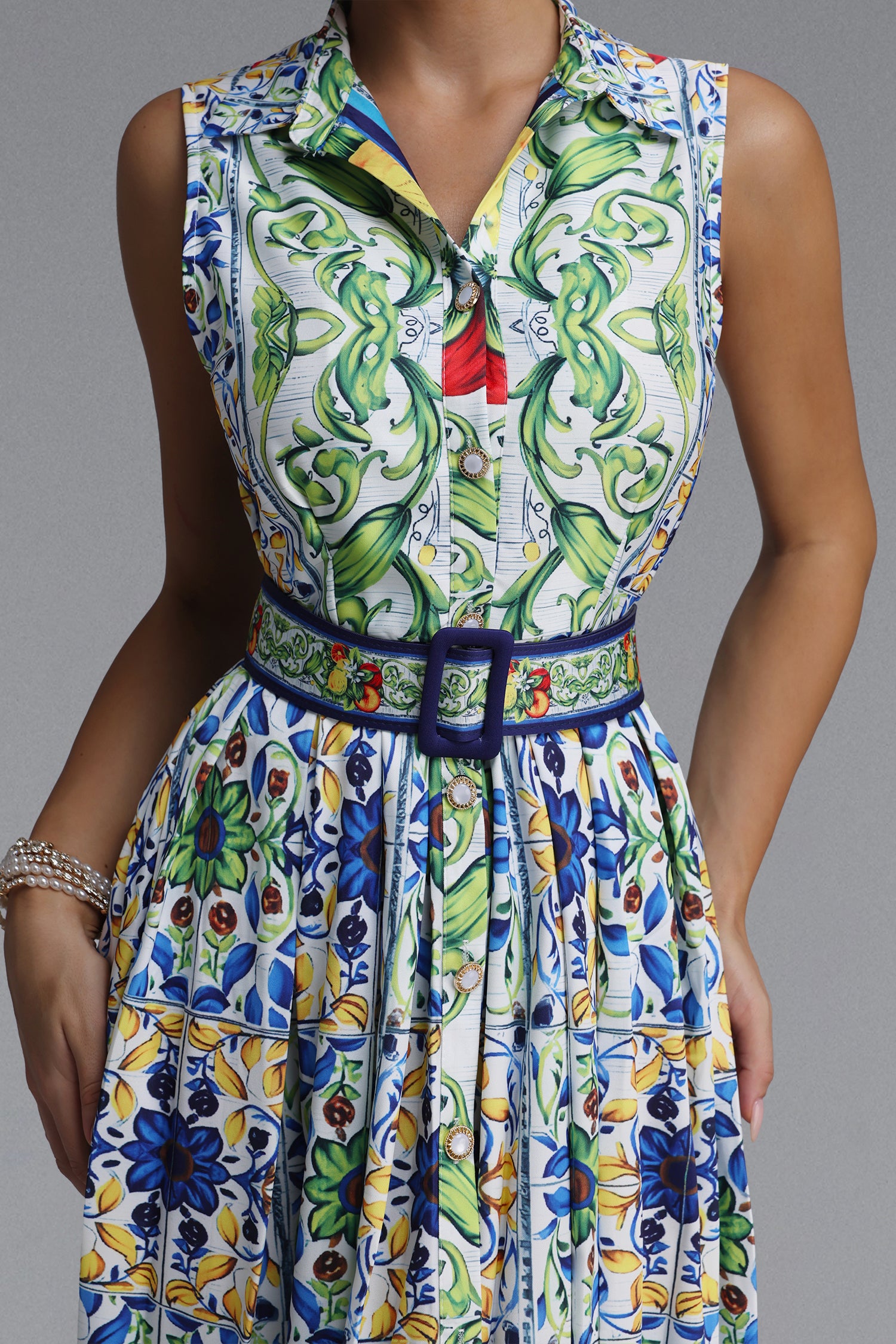 Saffie Resort Tailored Sleeveless Floral Print Woven Midi Dress	