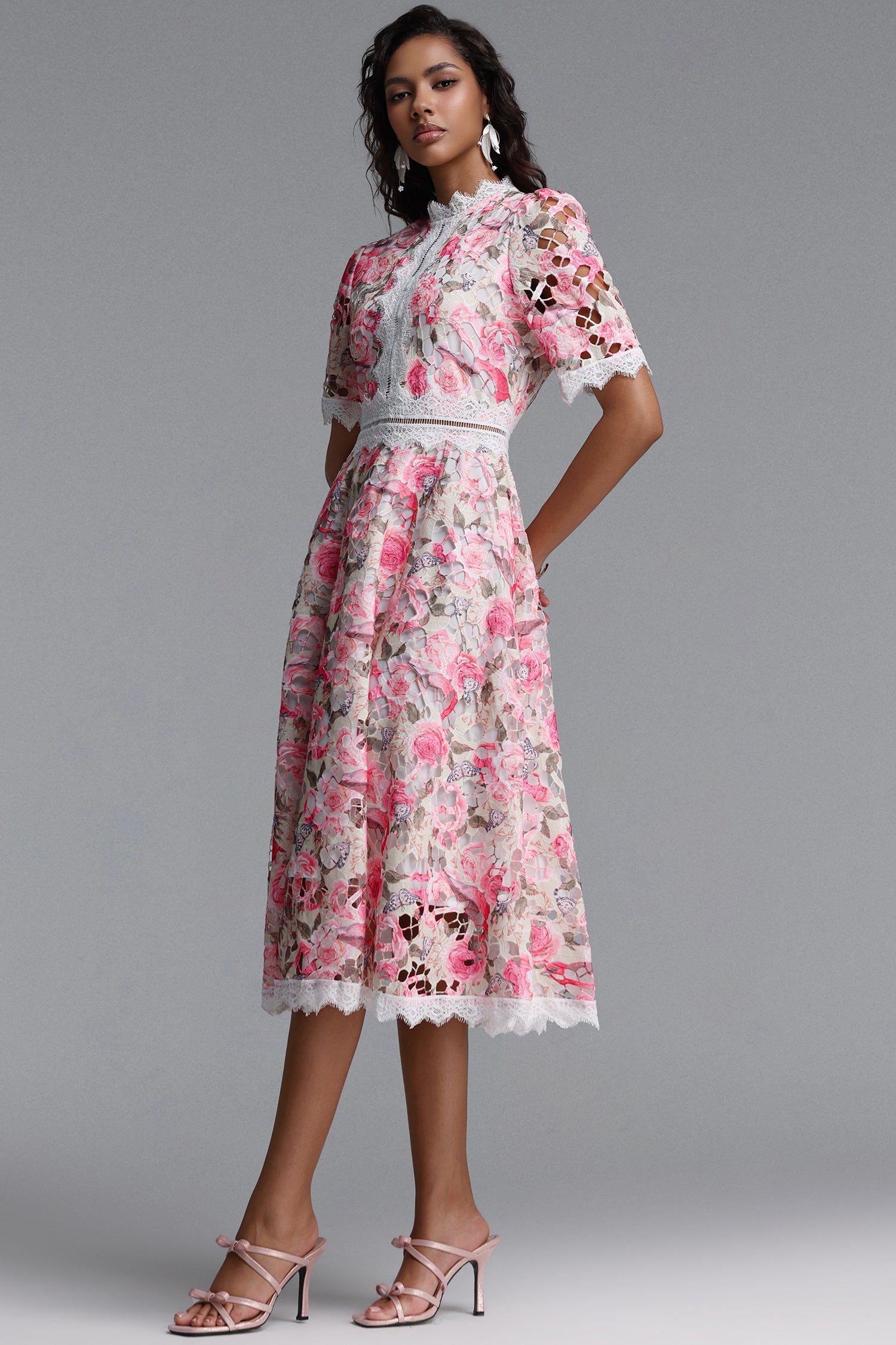 Perly Classic Cinched Short Sleeve Floral Print Lace Midi Dress	