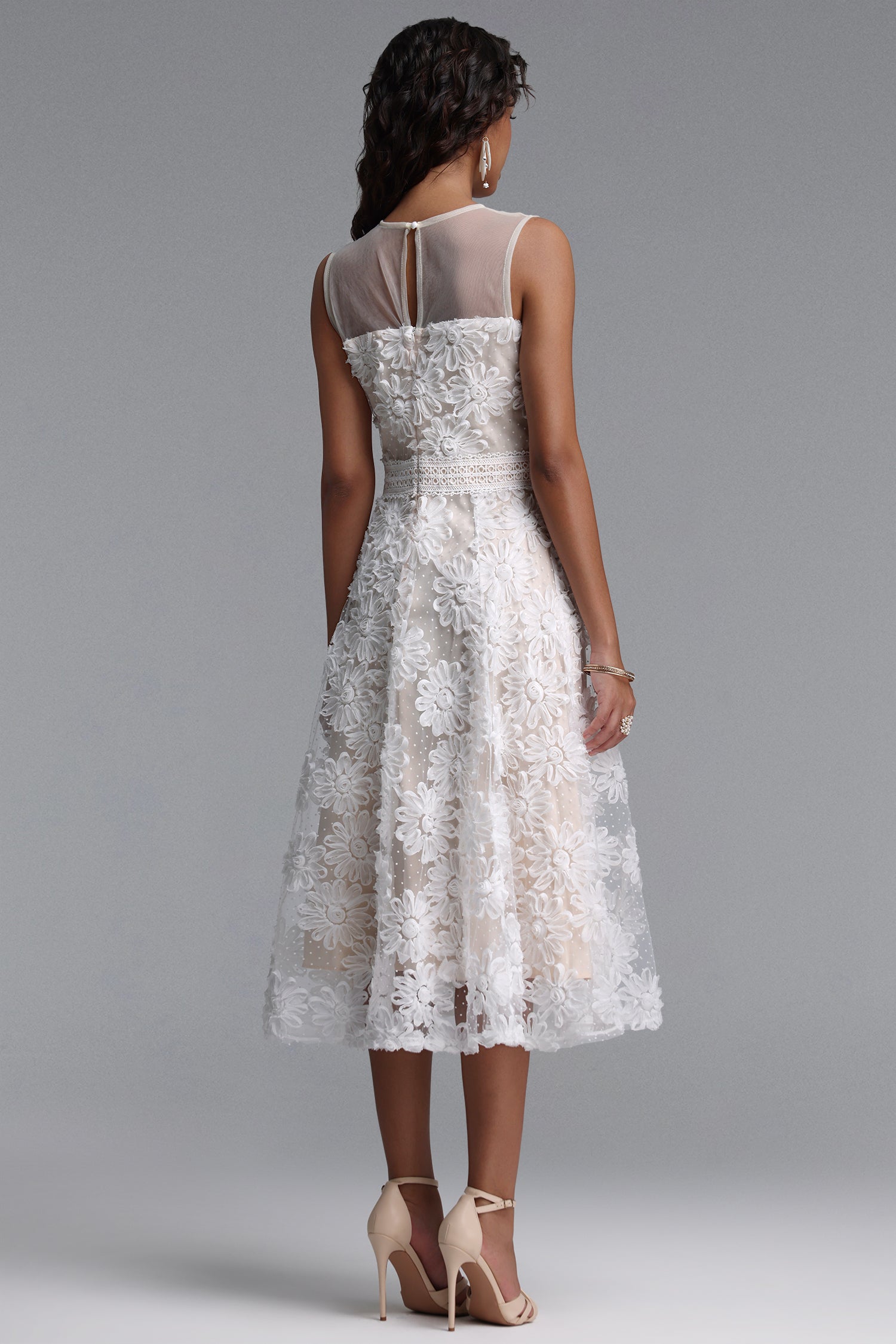 Yeney Resort Flowy Sleeveless Floral Tulle Midi Dress	