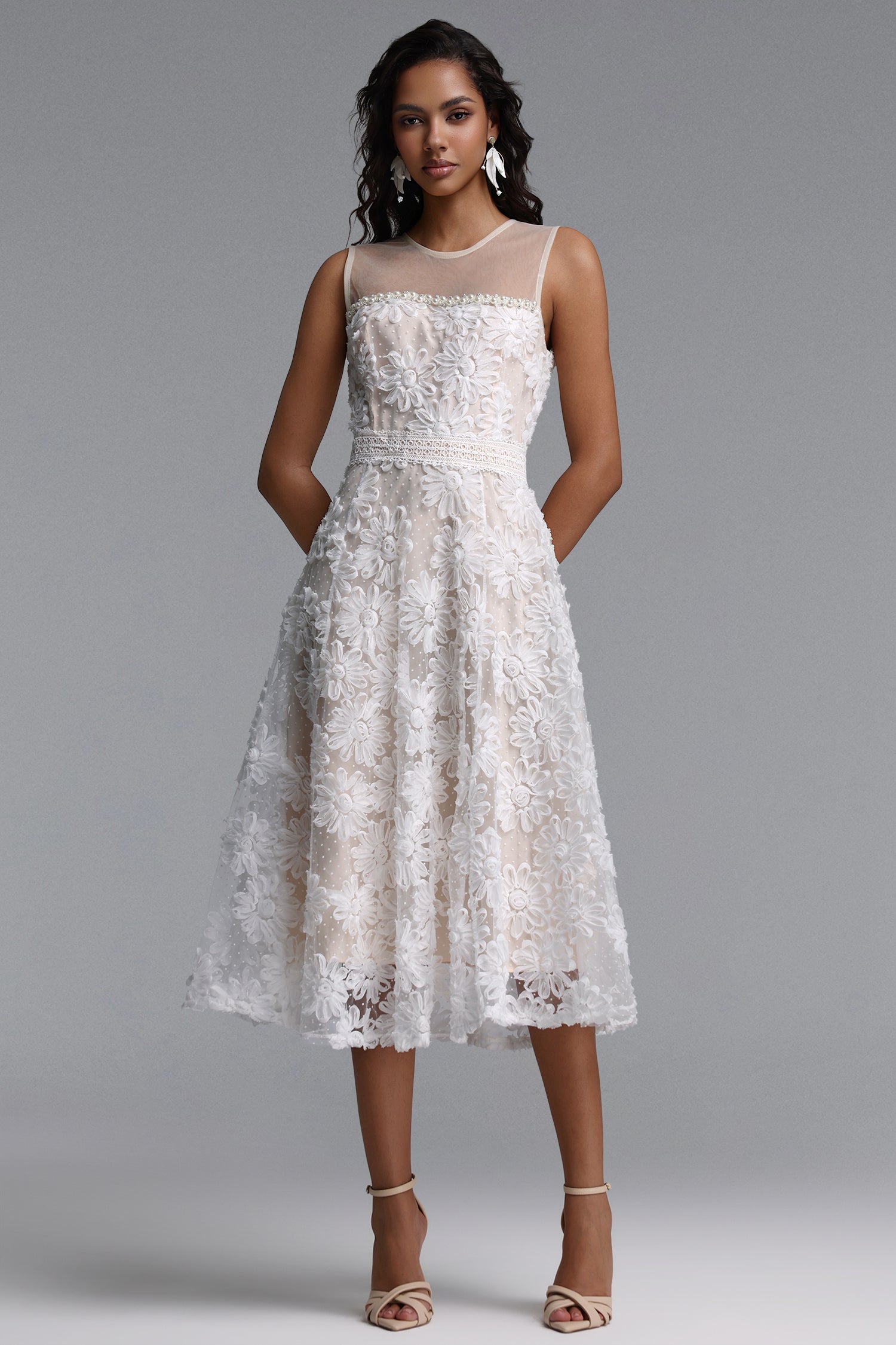 Yeney Resort Flowy Sleeveless Floral Tulle Midi Dress	