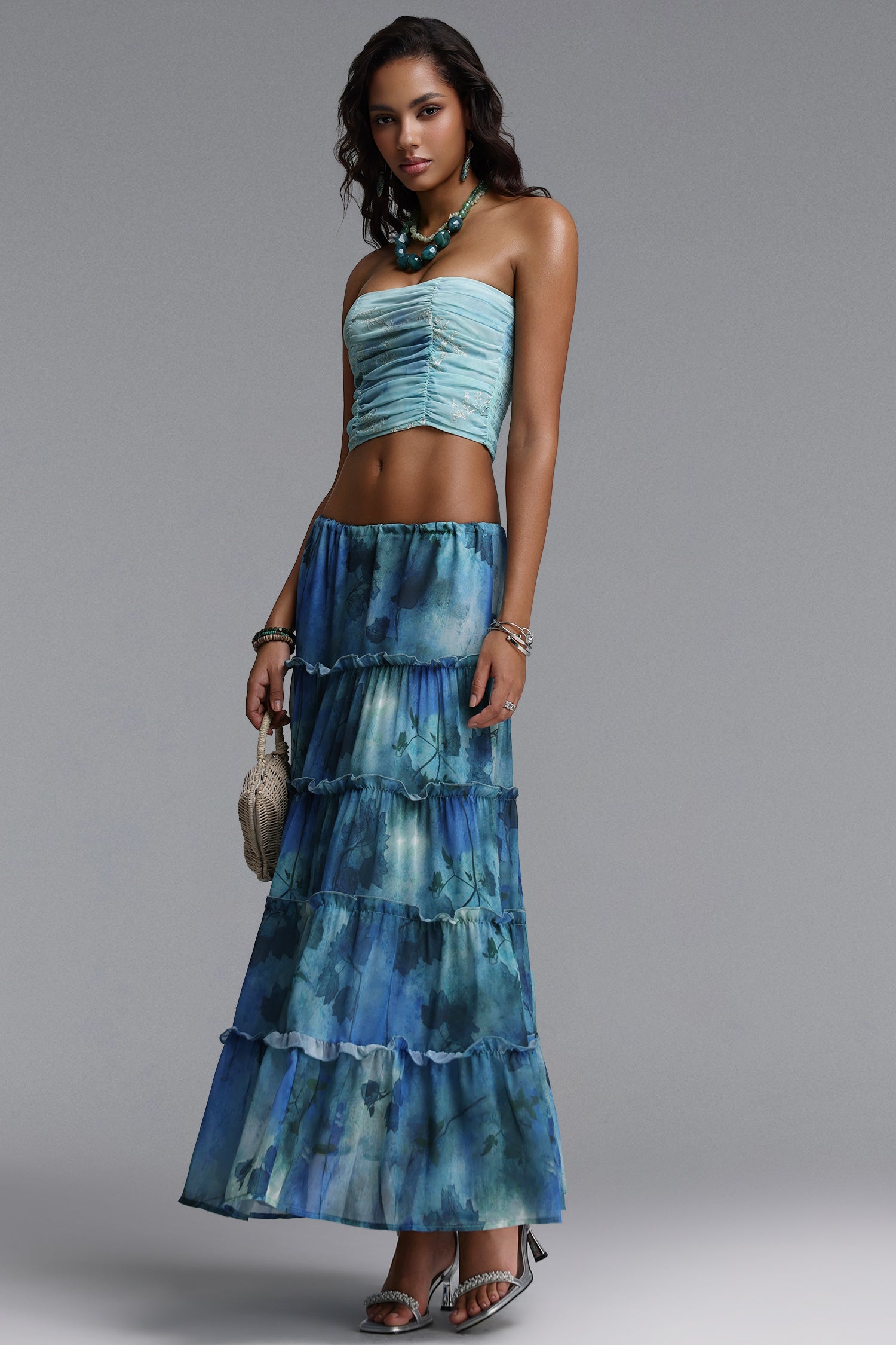 Gala Resort Flowy Strapless Ruffle Print Woven Top and Skirt Two Piece Set	