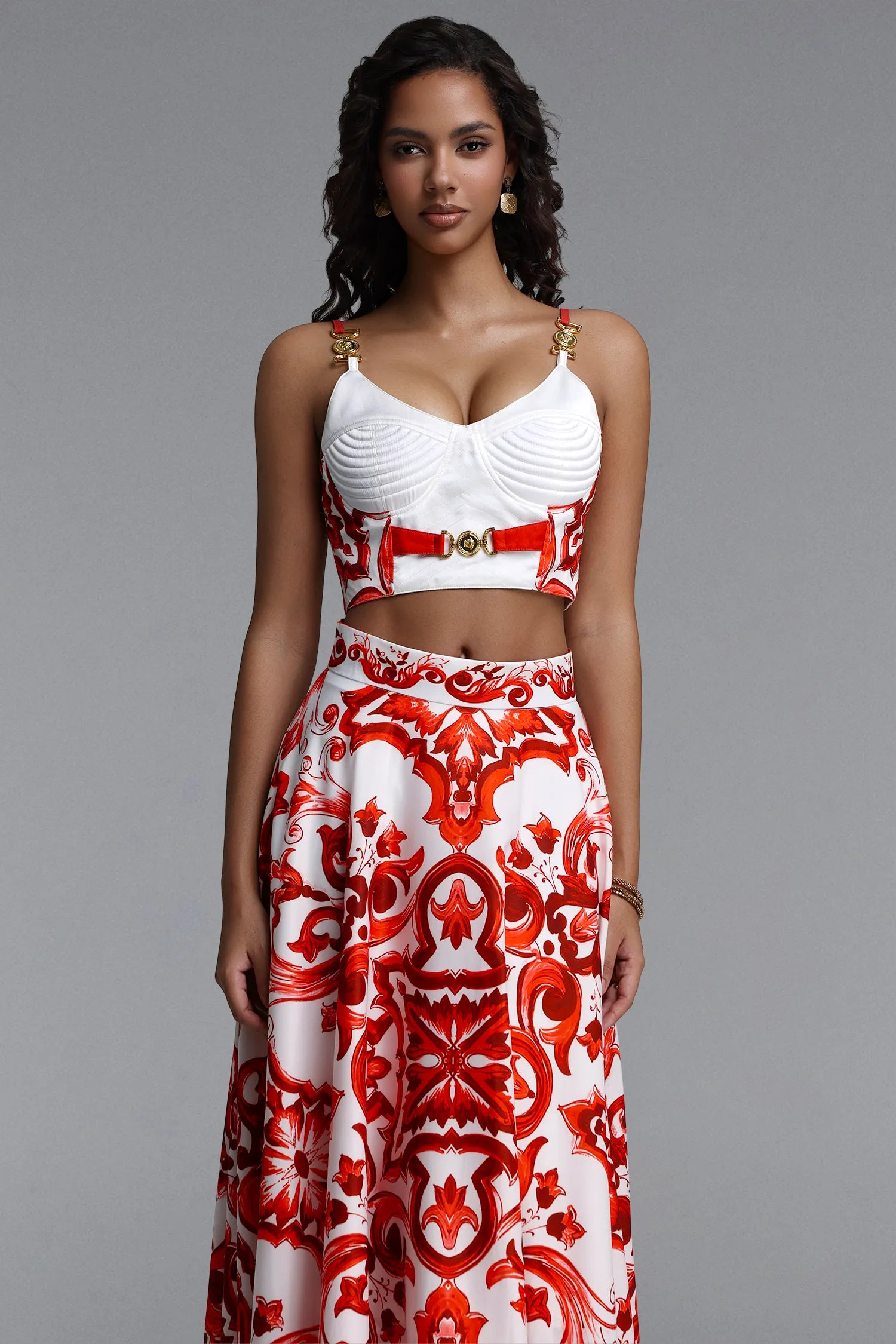 Kaona Halter Floral Printed Red Top And Skirt Two-Piece Set