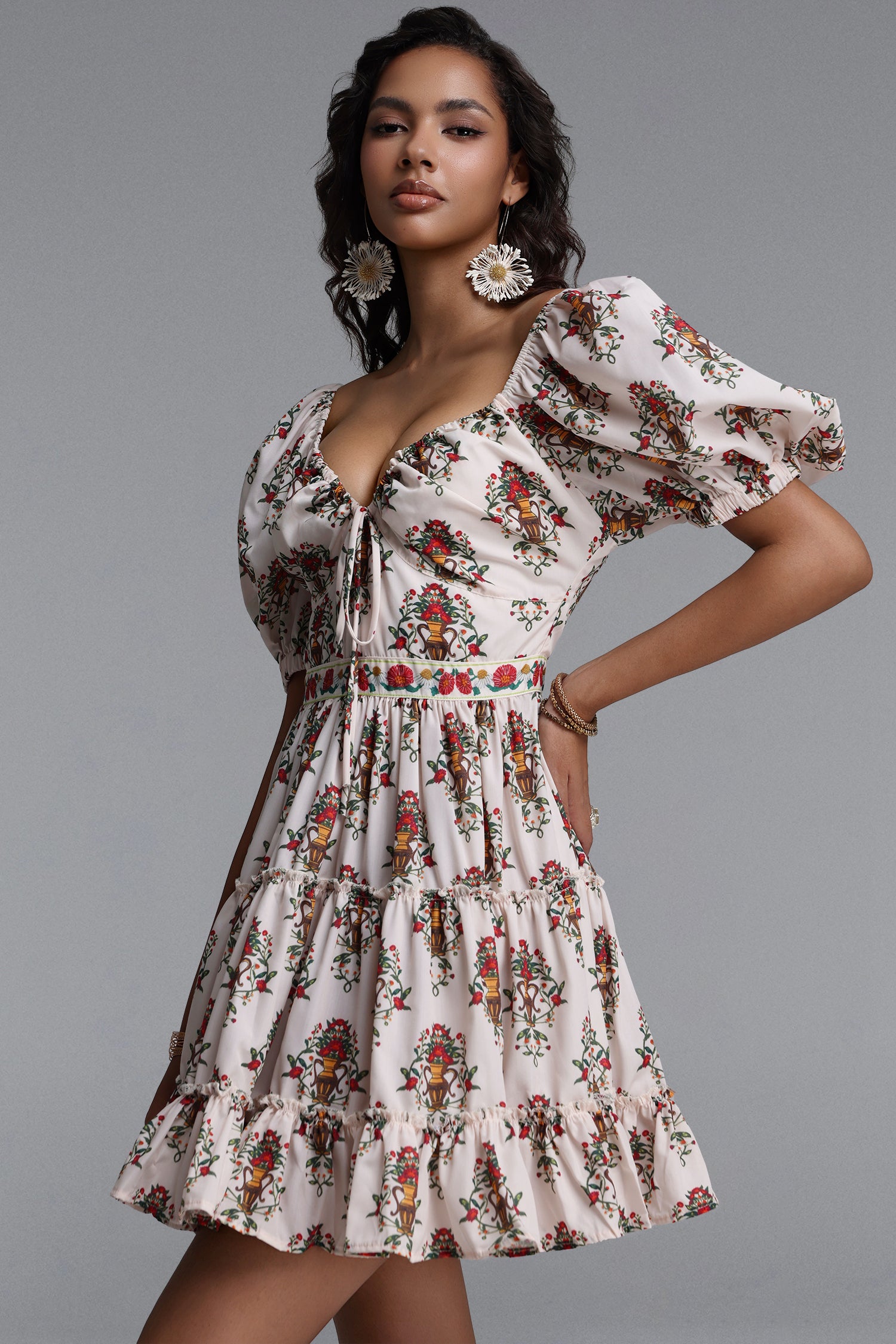 Derza Romantic Flowy Puff Sleeve Floral Print Woven Mini Dress	