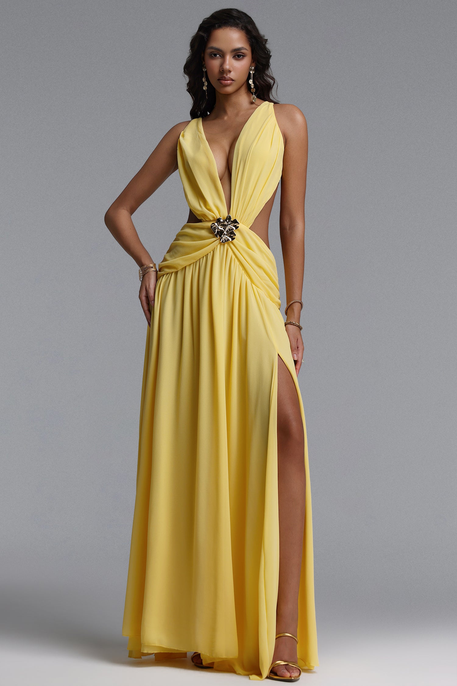 Ivanna Resort Flowy V Neck Sleeveless Slit Woven Maxi Dress	