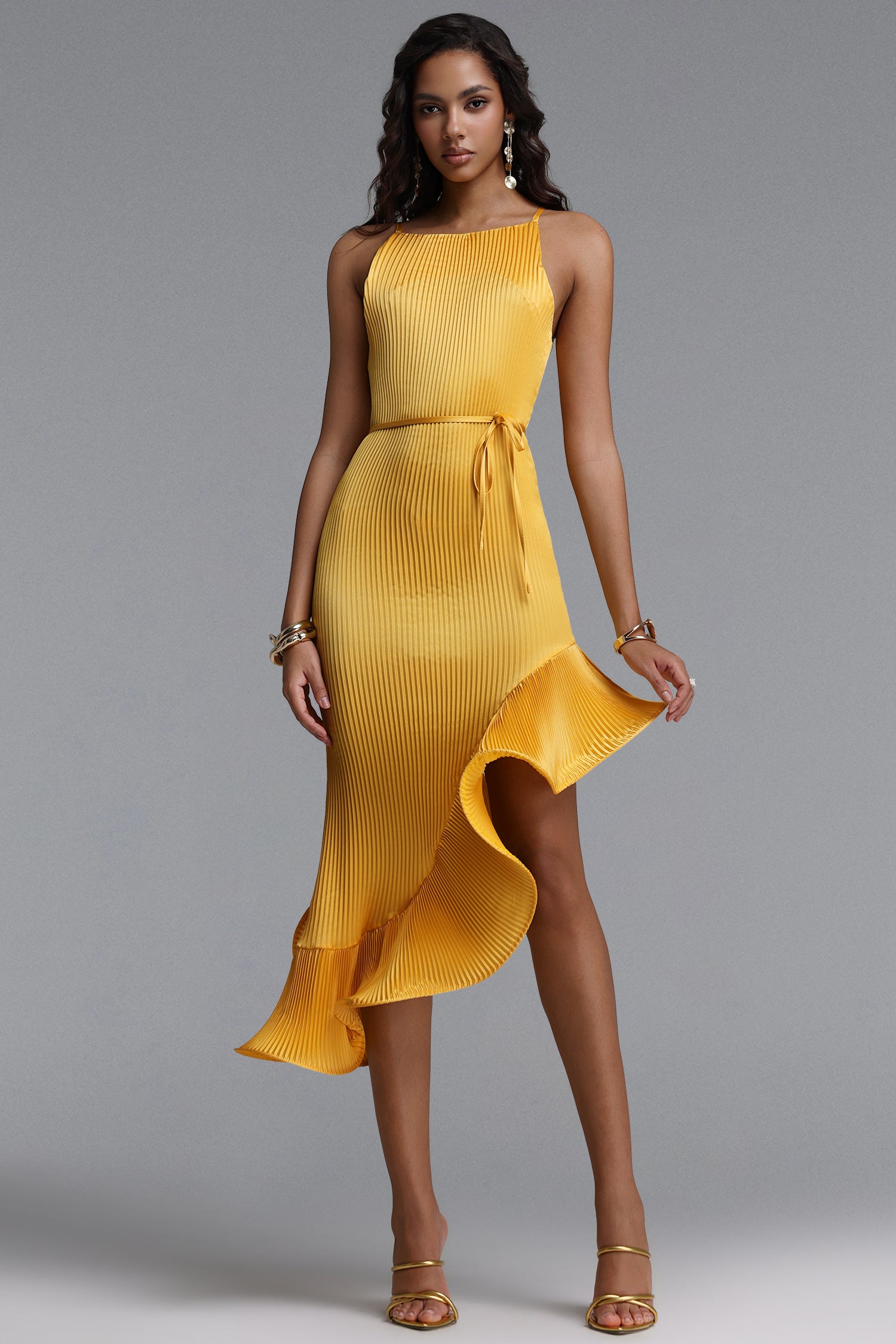Rerily Resort Flowy Sleeveless Asymmetric Ruffle Pleated Woven Midi Dress	