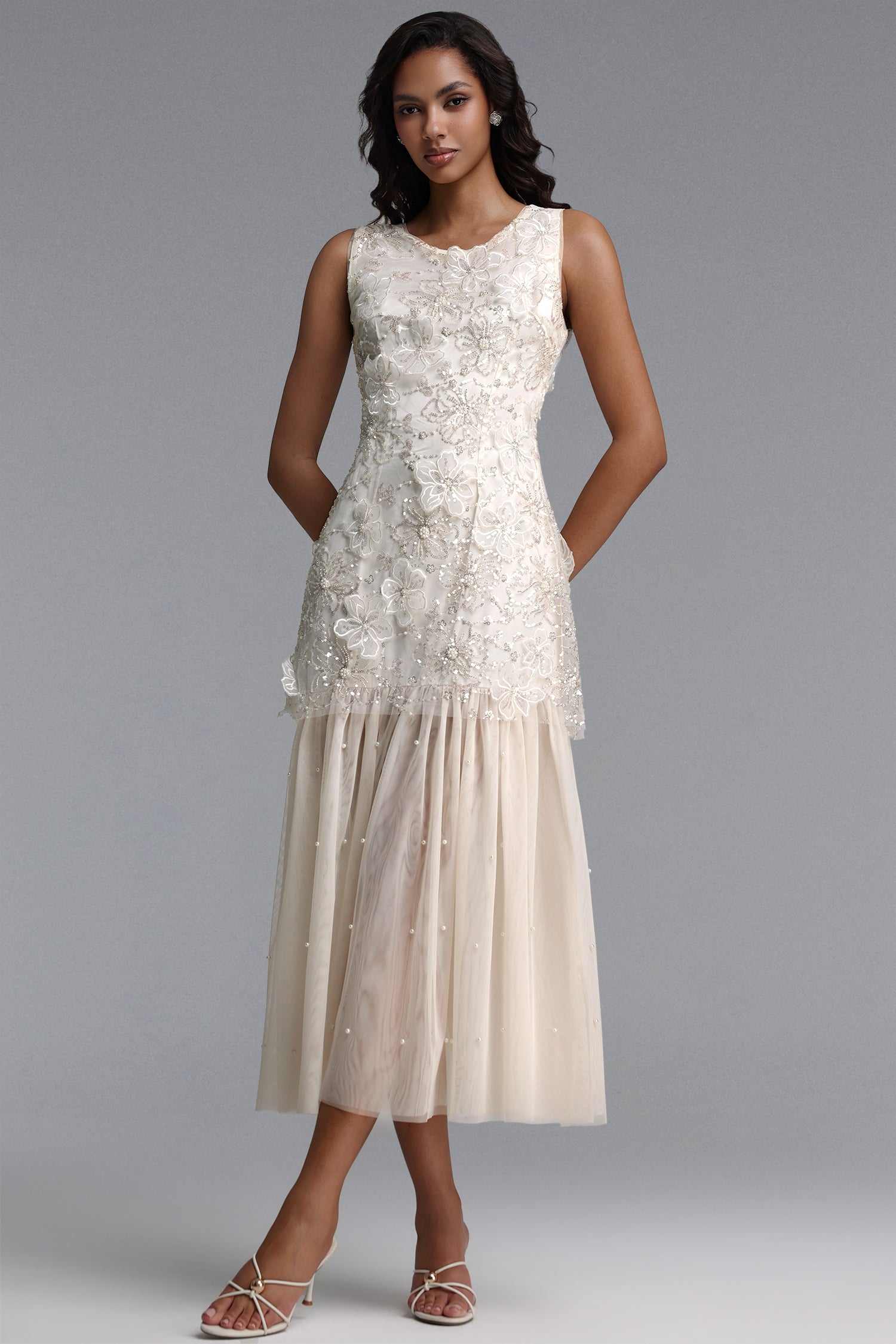 Marina Elegant Flowy Round Neck Sleeveless Sequin Floral Woven Maxi Dress	