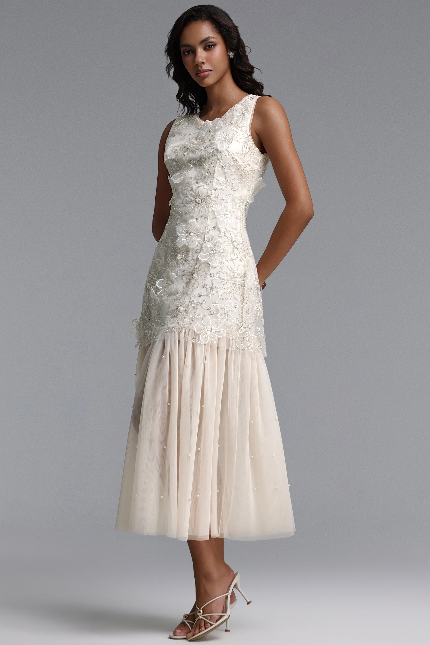 Marina Elegant Flowy Round Neck Sleeveless Sequin Floral Woven Maxi Dress	