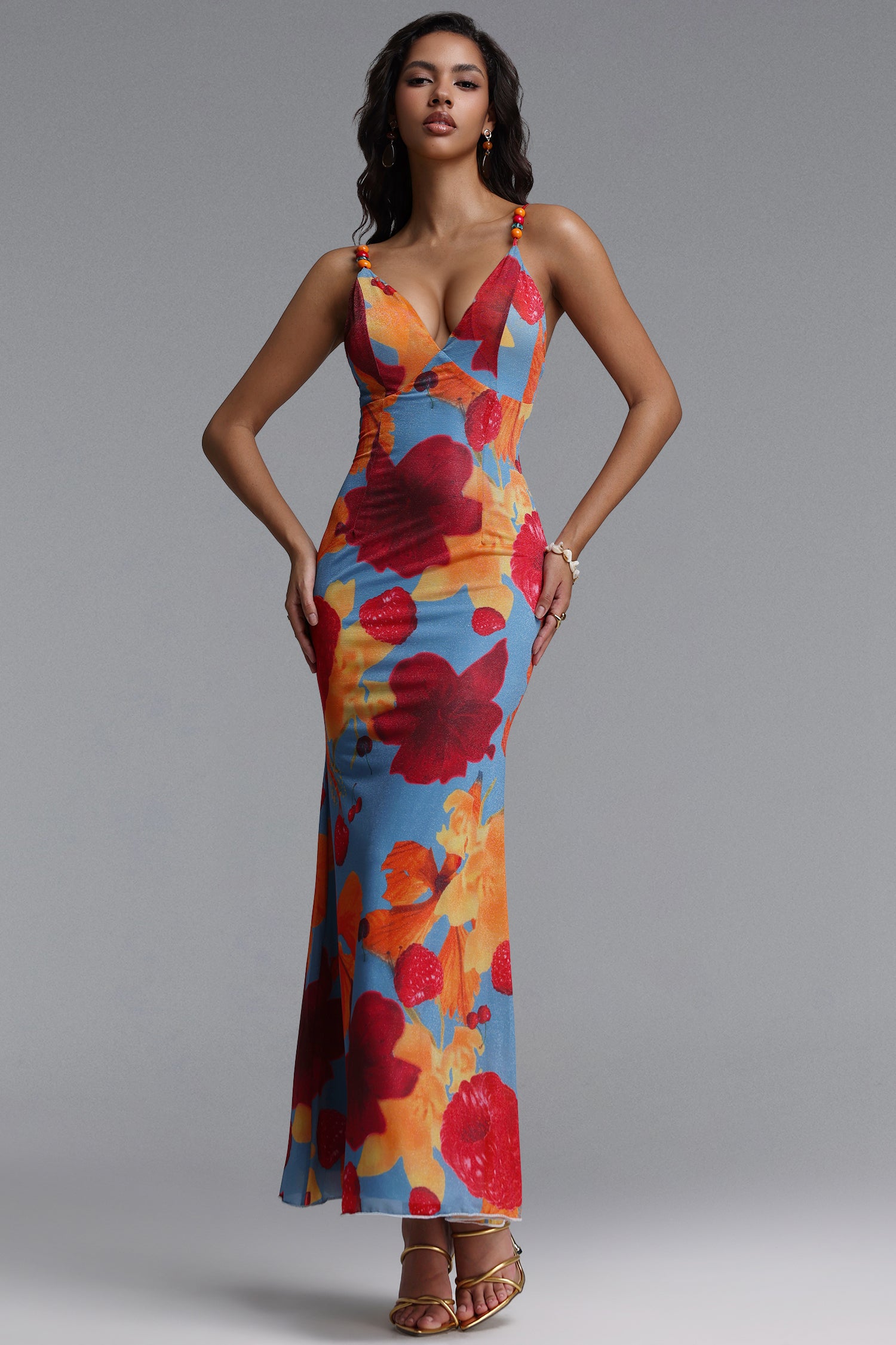 Saloha Romantic Contour V Neck Beaded Spaghetti Strap Floral Print Mesh Maxi Dress	