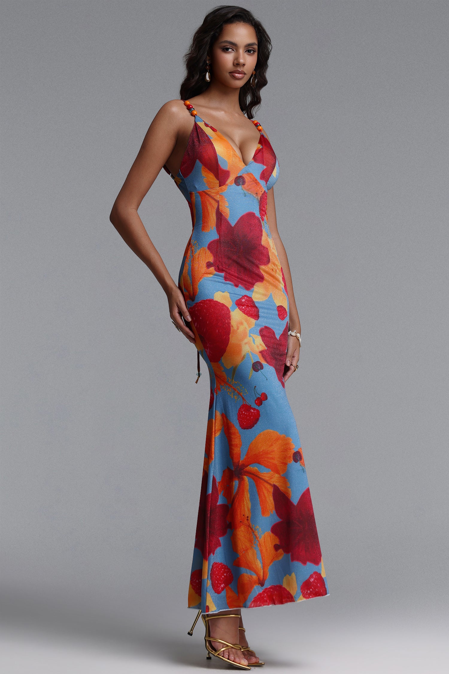Saloha Romantic Contour V Neck Beaded Spaghetti Strap Floral Print Mesh Maxi Dress	