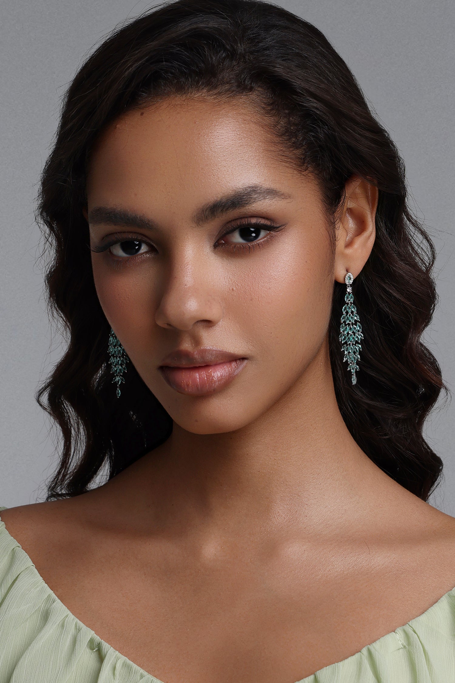 Naja Green Geometric Diamond Tassel Drop Earrings	