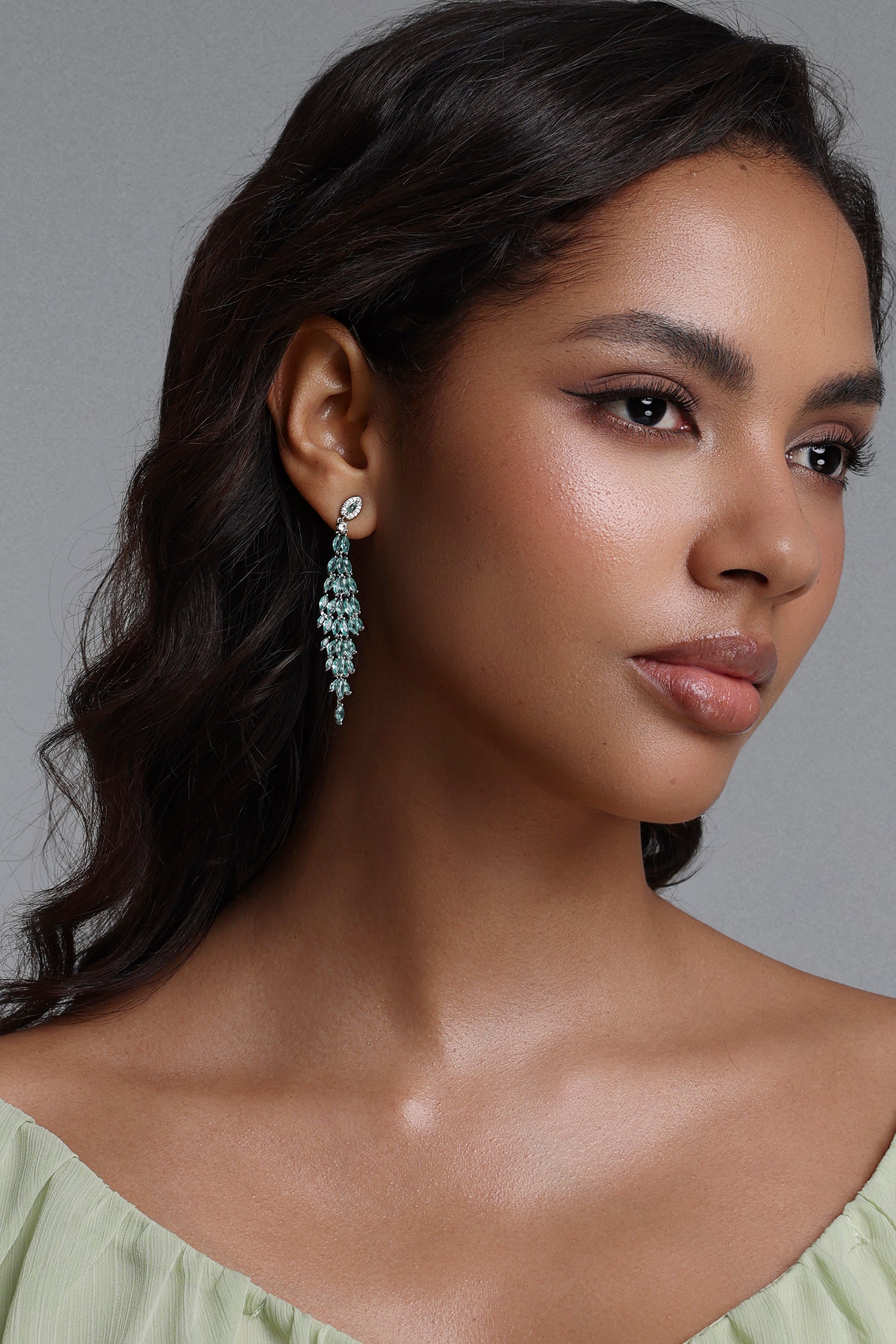 Naja Green Geometric Diamond Tassel Drop Earrings	