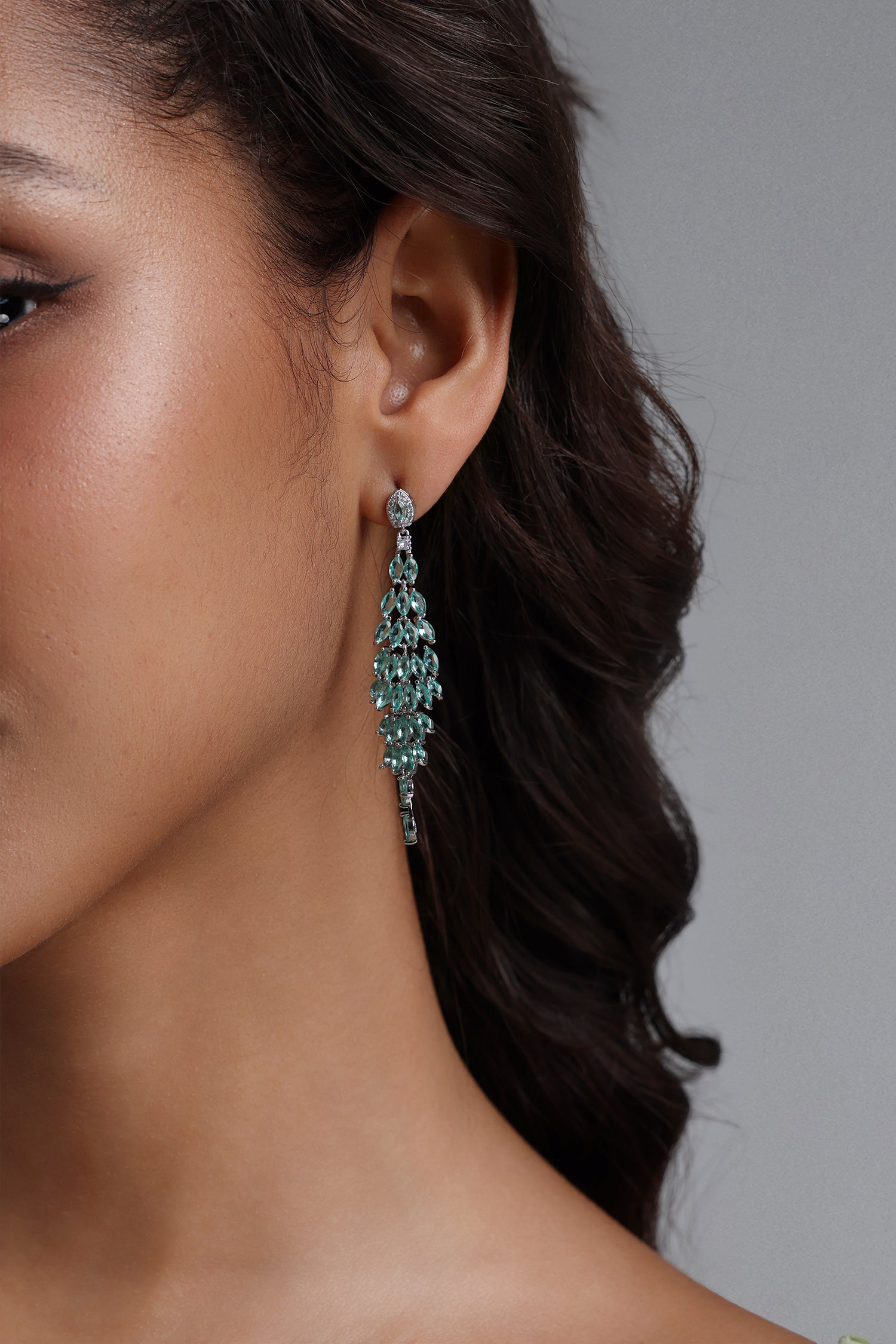 Naja Green Geometric Diamond Tassel Drop Earrings	