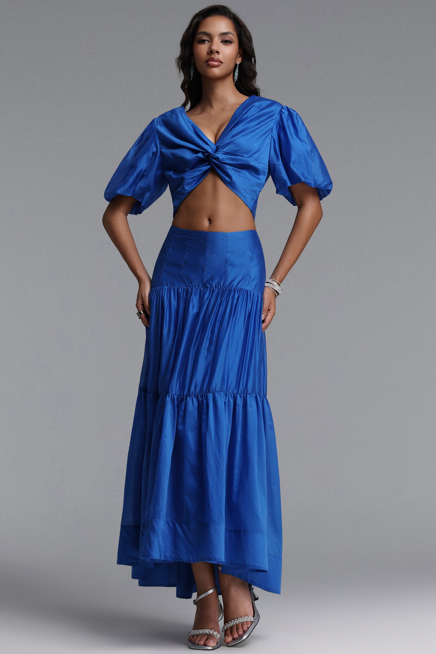 Diliy Resort Flowy V Neck Puff Sleeve Woven Top and Skirt Two Piece Set	