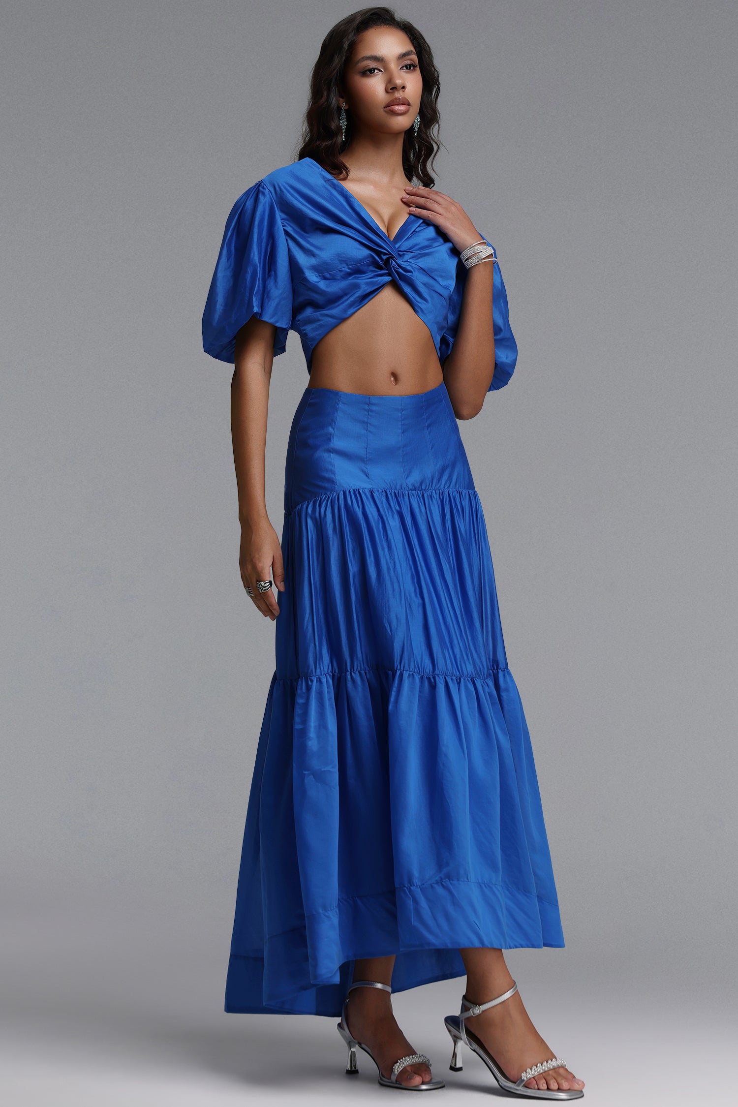 Diliy Resort Flowy V Neck Puff Sleeve Woven Top and Skirt Two Piece Set	