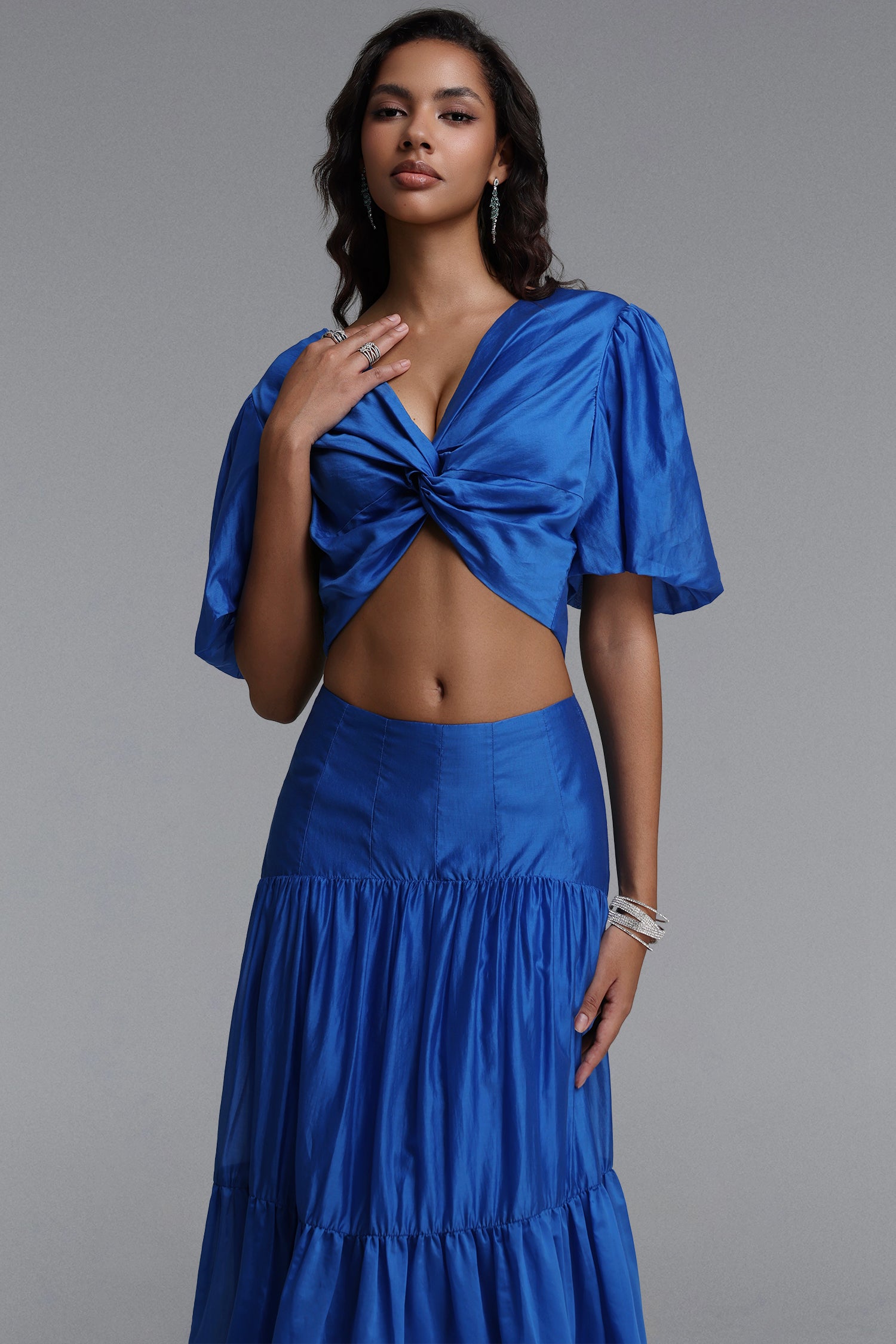 Diliy Resort Flowy V Neck Puff Sleeve Woven Top and Skirt Two Piece Set	
