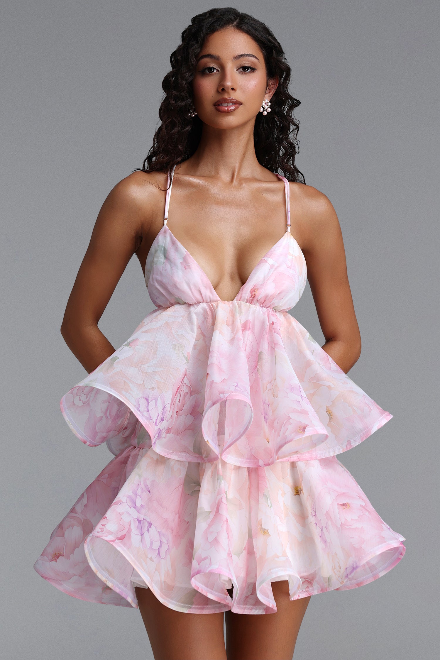 Sebastian Romantic Tailored Spaghetti Strap Tiered Ruffle Floral Print Woven Mini Dress	