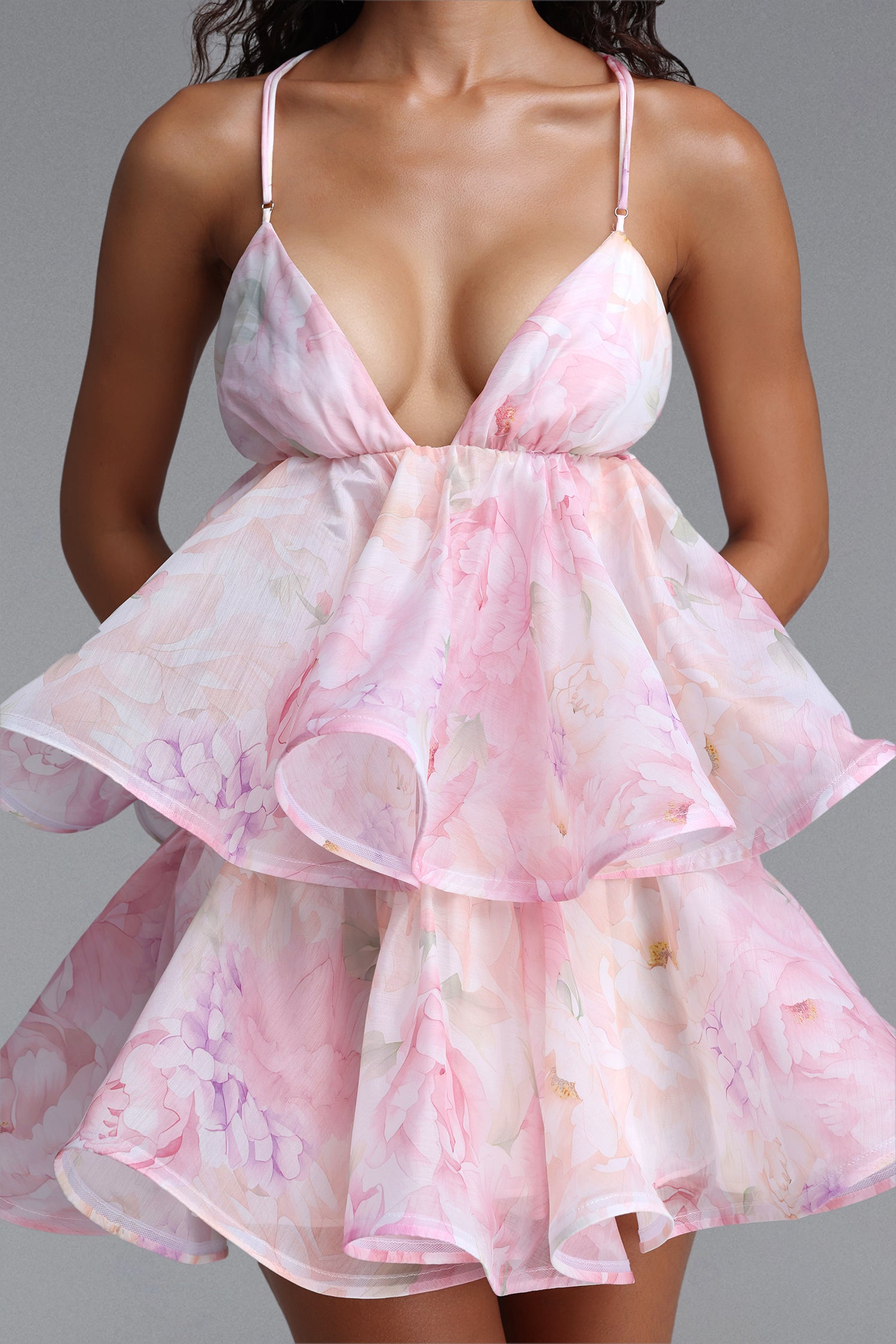 Sebastian Romantic Tailored Spaghetti Strap Tiered Ruffle Floral Print Woven Mini Dress	