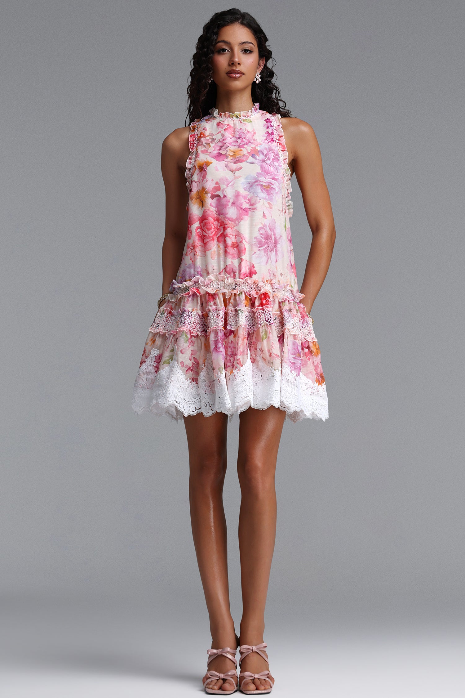 Hooded Romantic Flowy Sleeveless Floral Print Lace Trimmed Woven Mini Dress	