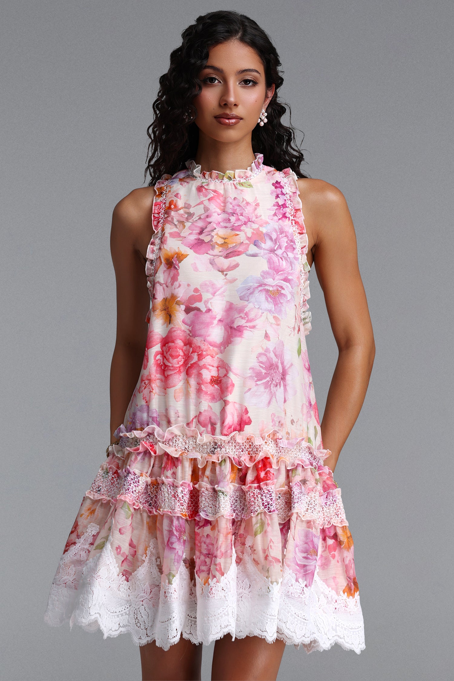 Hooded Romantic Flowy Sleeveless Floral Print Lace Trimmed Woven Mini Dress	