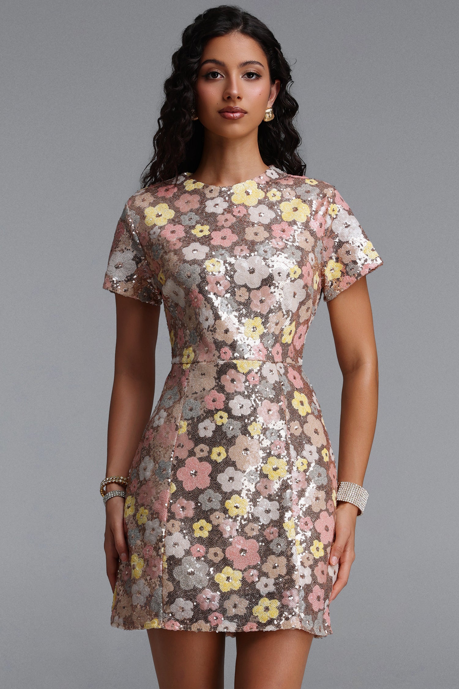 Winry Classic Tailored Short Sleeve Sequin Floral Woven Mini Dress	