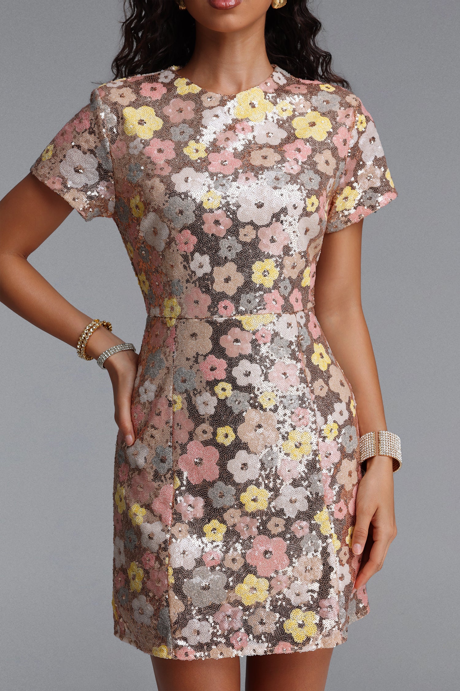 Winry Classic Tailored Short Sleeve Sequin Floral Woven Mini Dress	