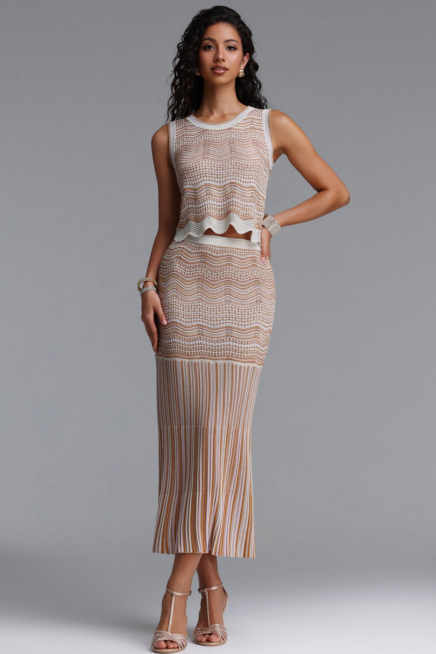 Ensley Romantic Contour Sleeveless Striped Knit Top and Skirt Two Piece Set	