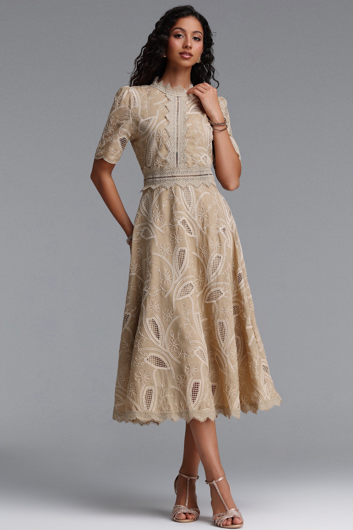 Stretchy Resort Cinched Short Sleeve Embroidered Floral Lace Woven Khaki Midi Dress	