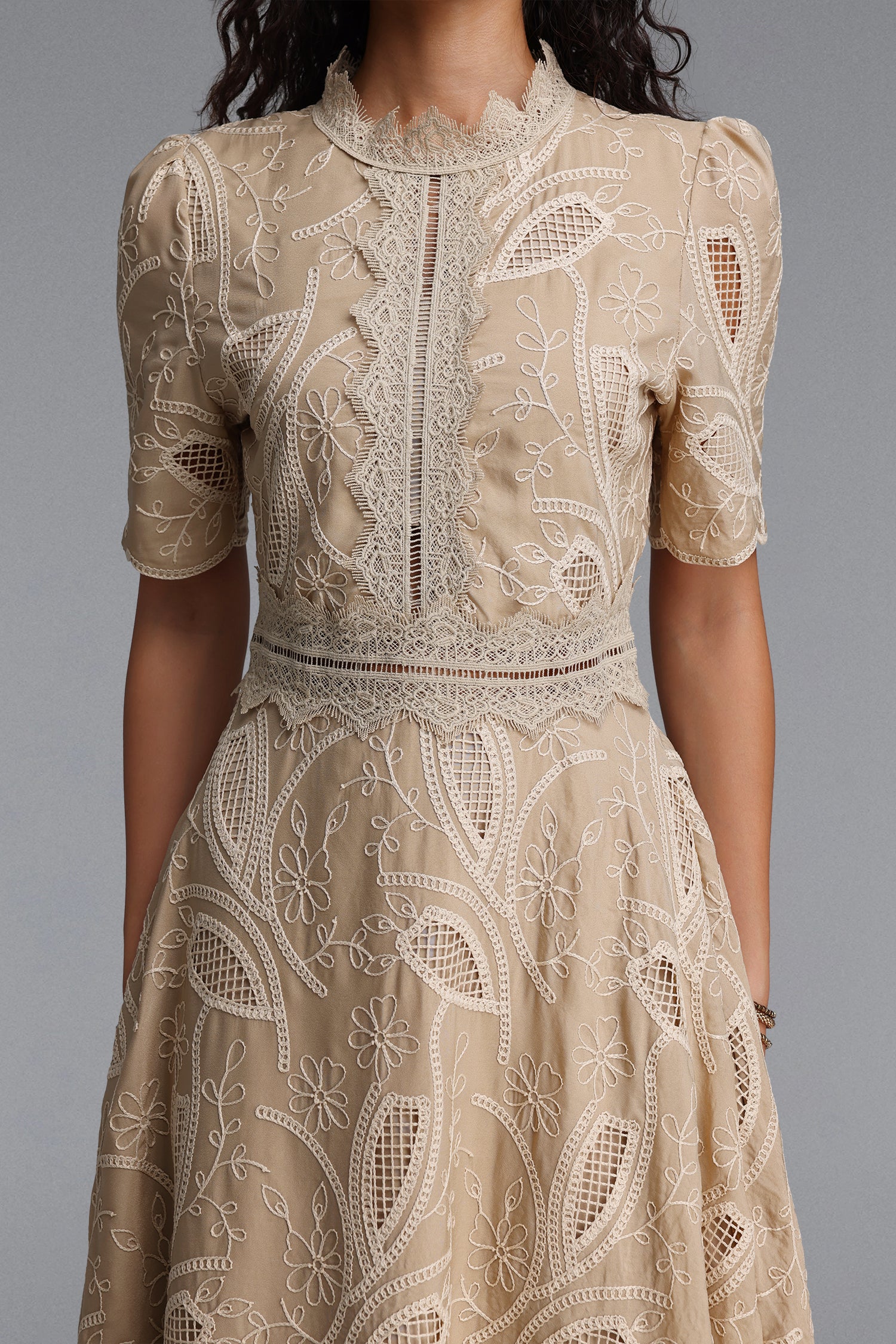 Stretchy Resort Cinched Short Sleeve Embroidered Floral Lace Woven Khaki Midi Dress	