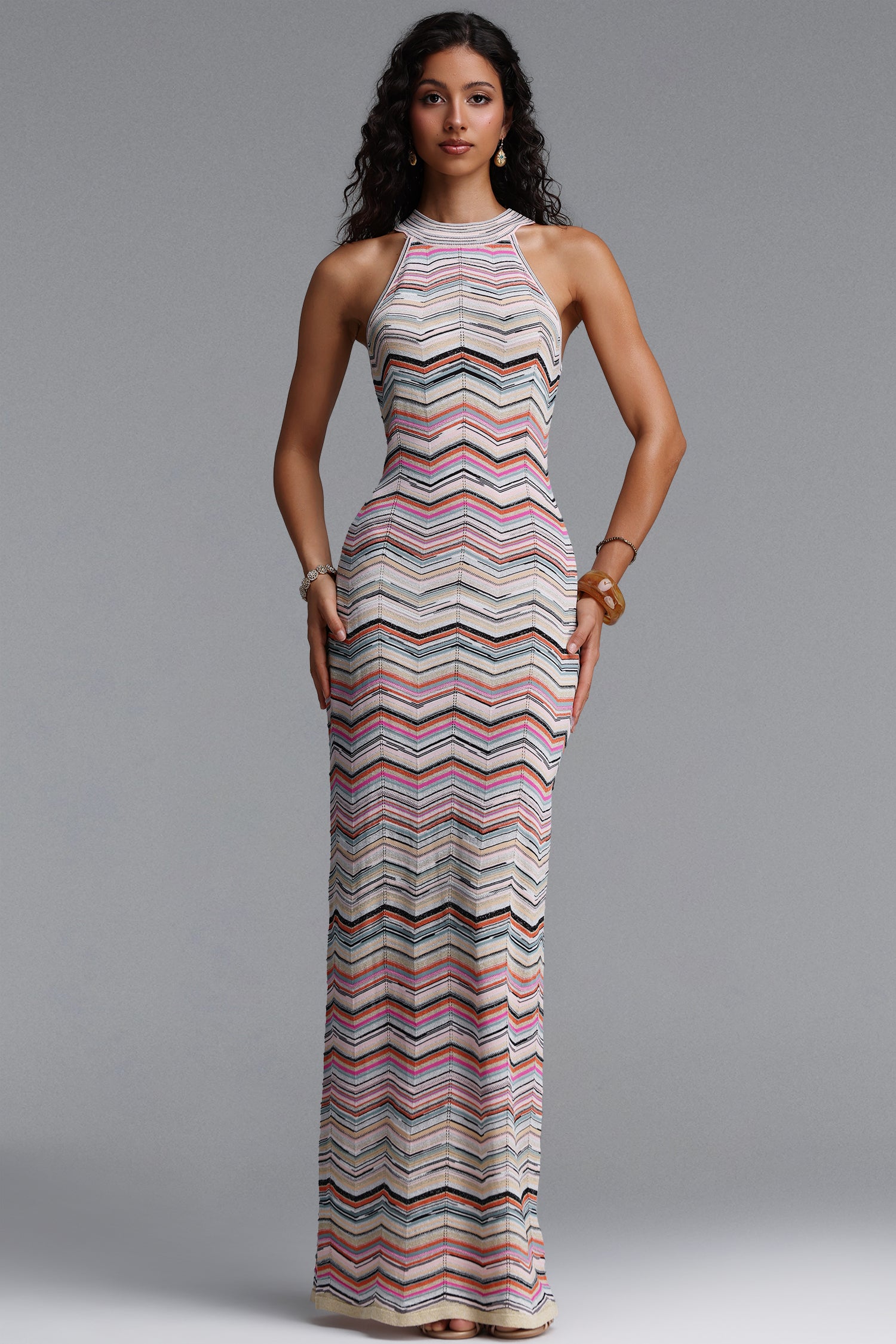 Tiza Chic Contour Sleeveless Striped Knit Maxi Dress	
