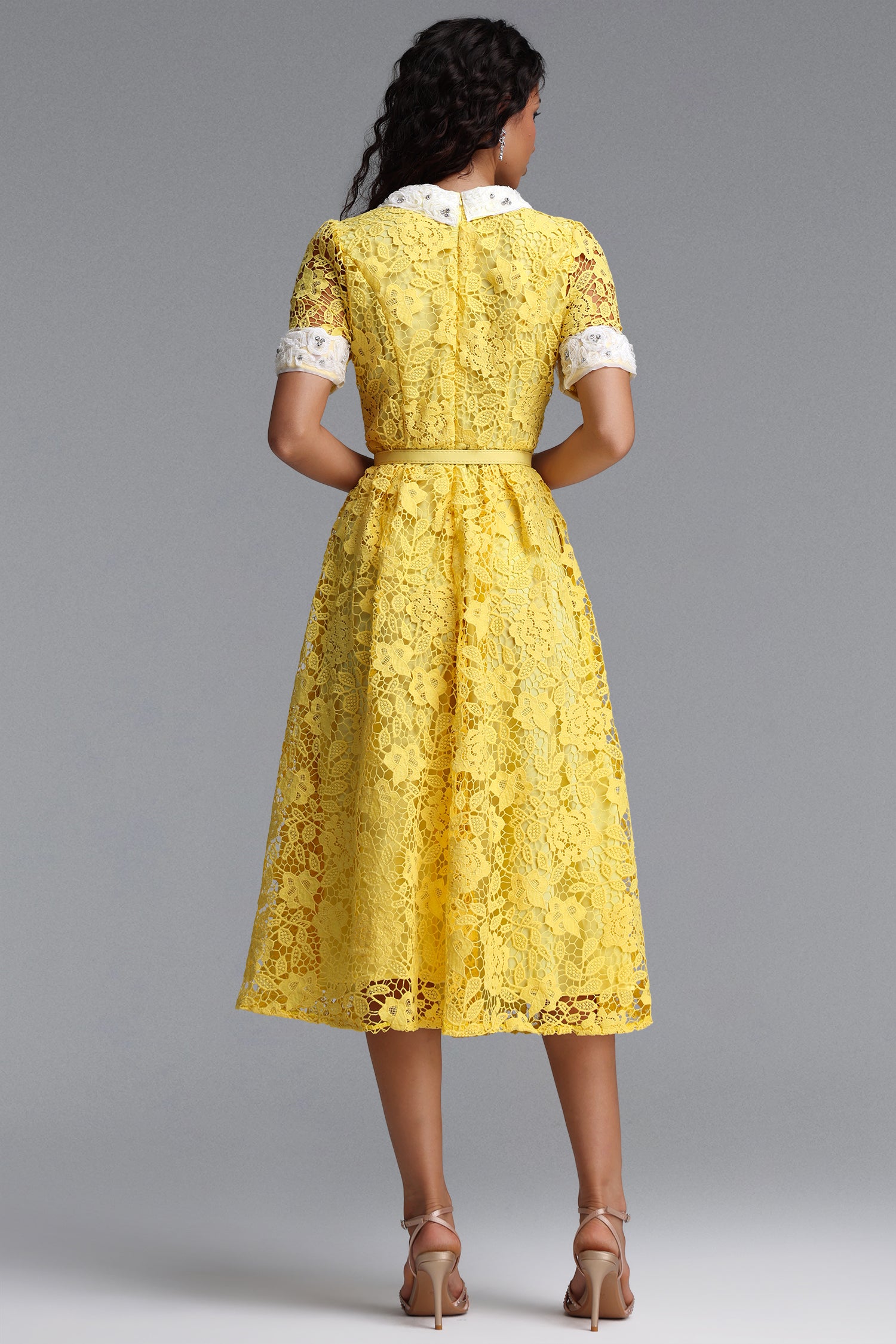 Sagona Classic Tailored Short Sleeve Rhinestone Floral Lace Yellow Maxi Dress	