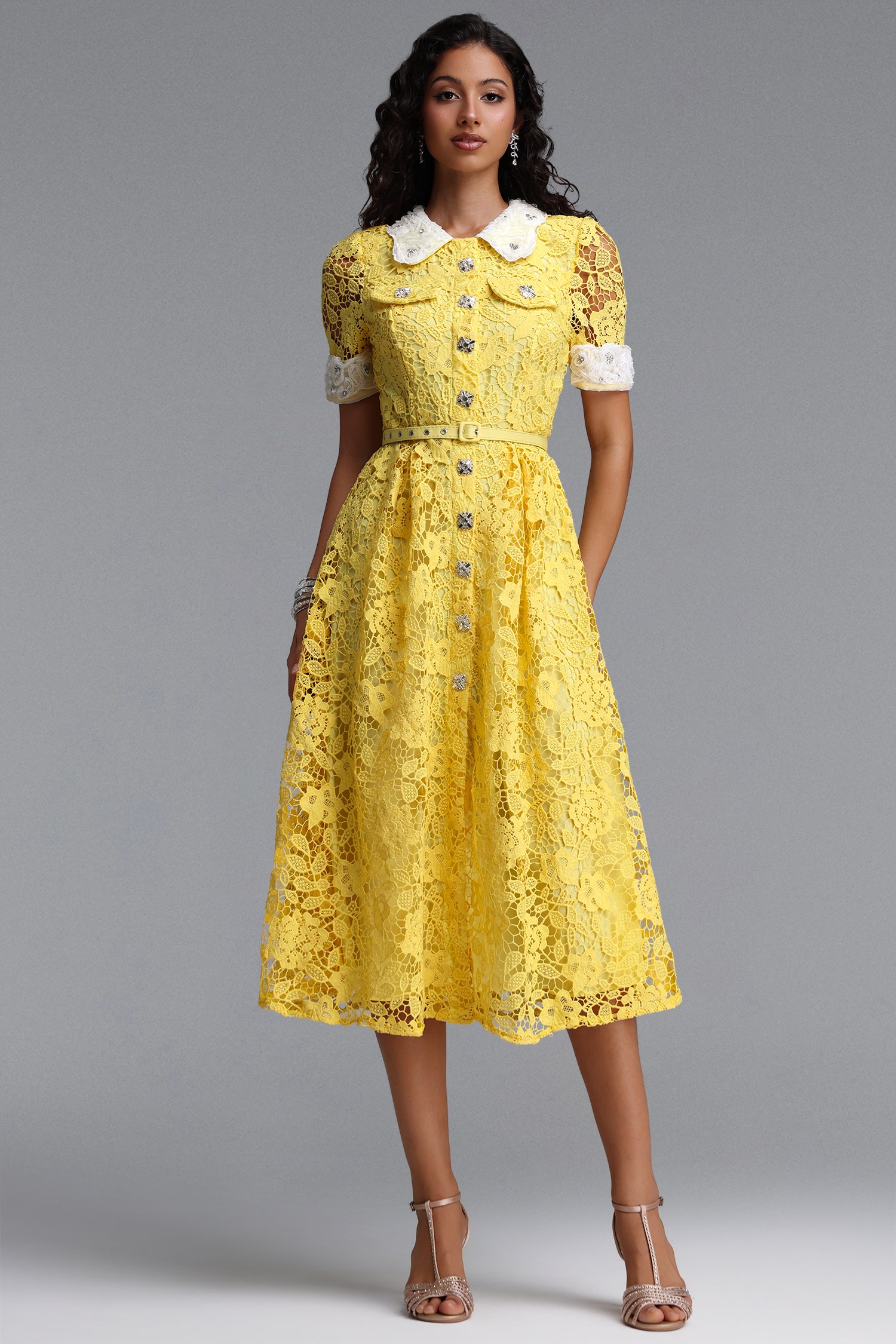 Sagona Classic Tailored Short Sleeve Rhinestone Floral Lace Yellow Maxi Dress	