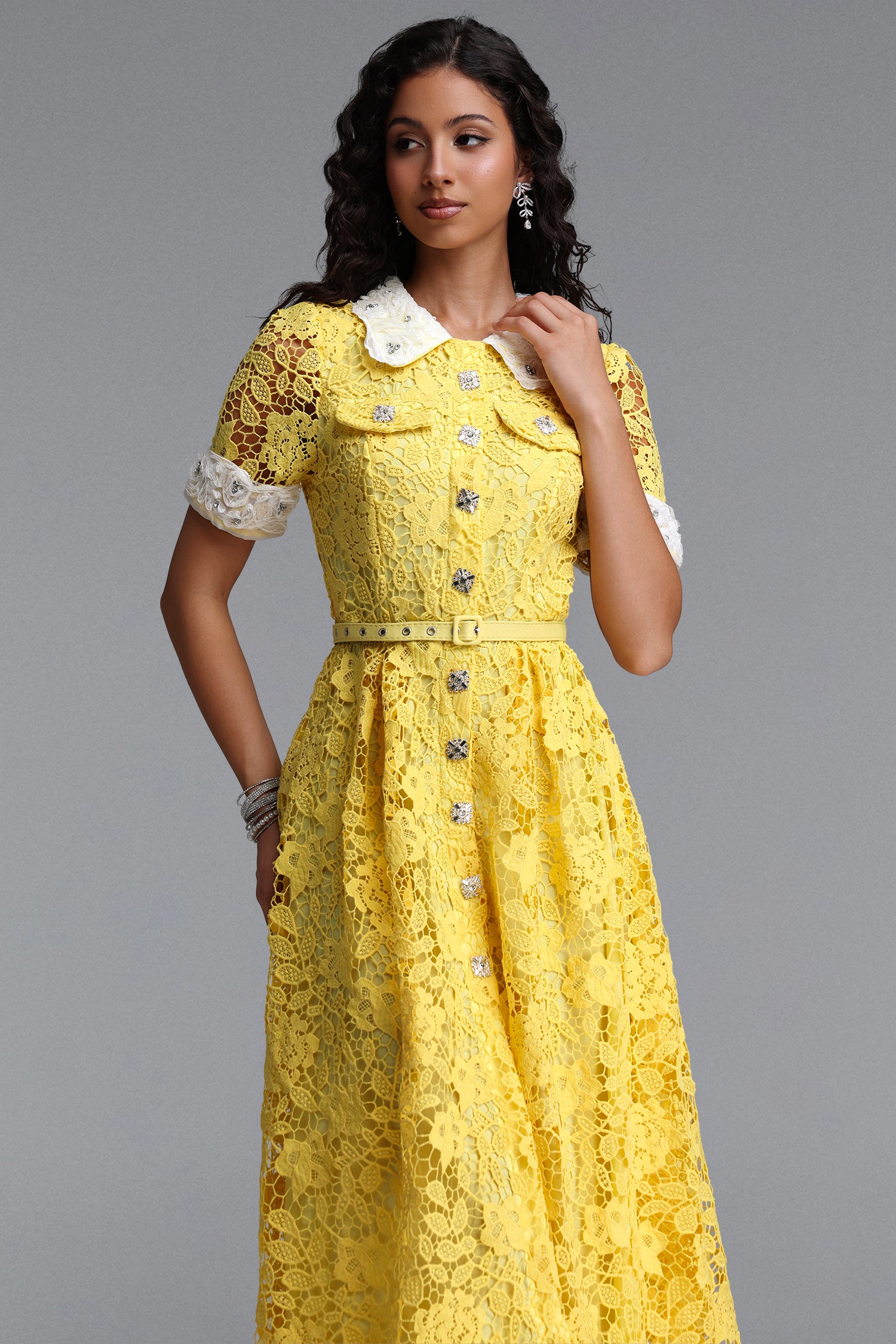 Sagona Classic Tailored Short Sleeve Rhinestone Floral Lace Yellow Maxi Dress	
