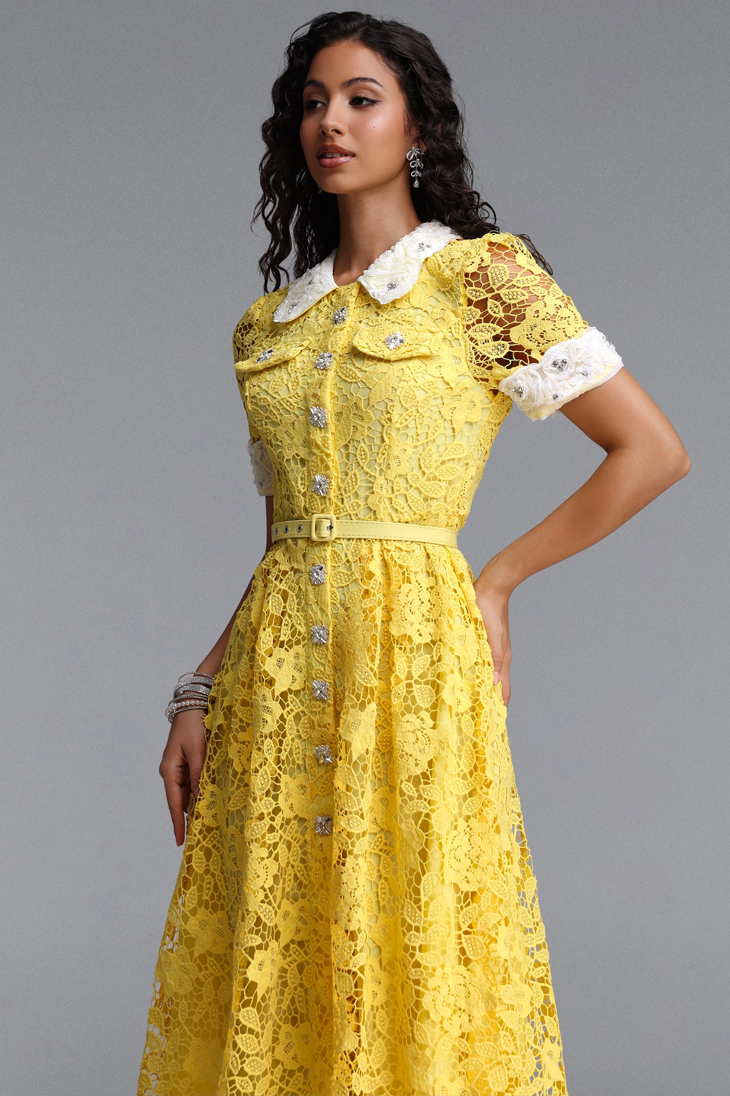 Sagona Classic Tailored Short Sleeve Rhinestone Floral Lace Yellow Maxi Dress	