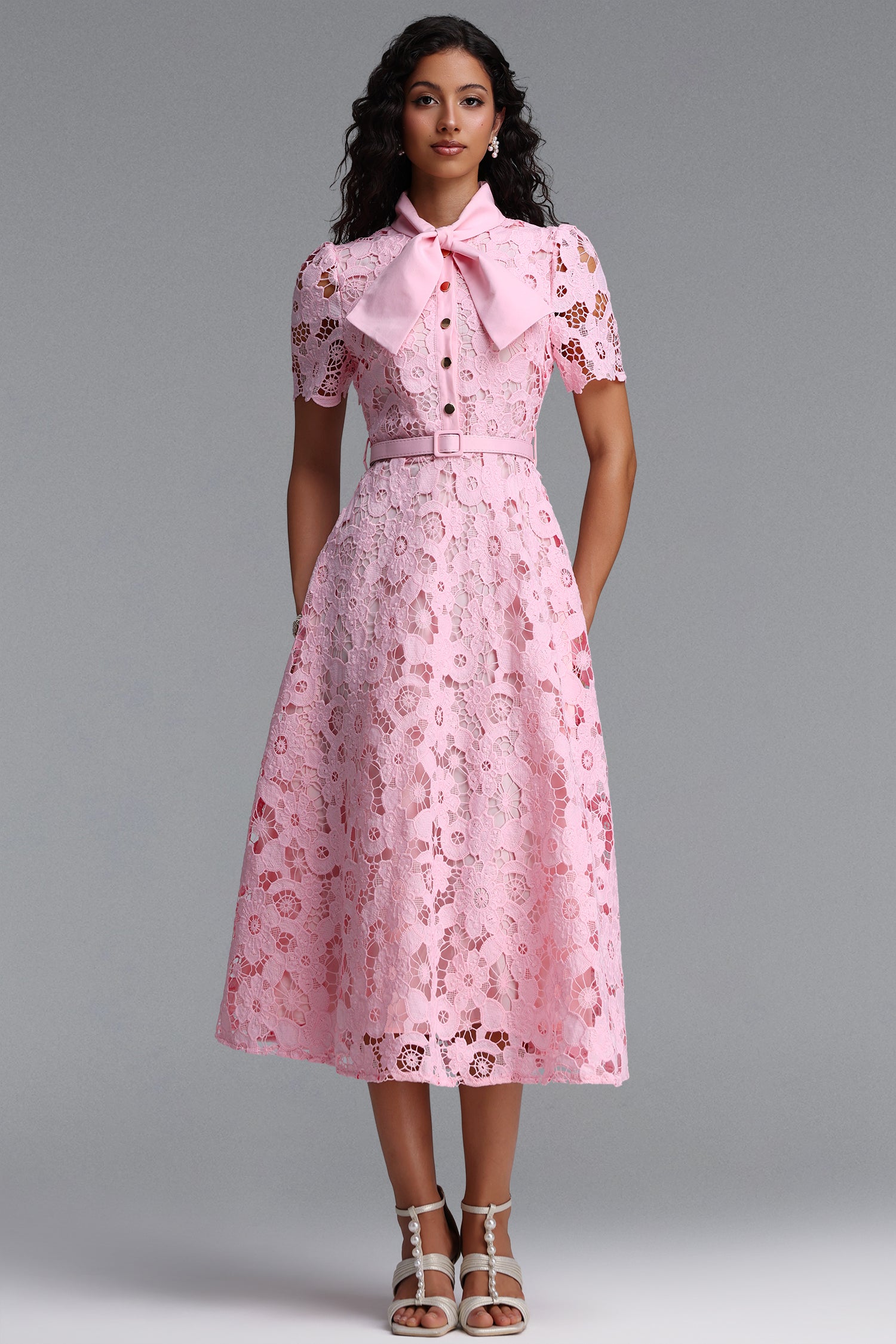 Salo Classic Tailored Bow Collar Short Sleeve Floral Lace Midi Dress	