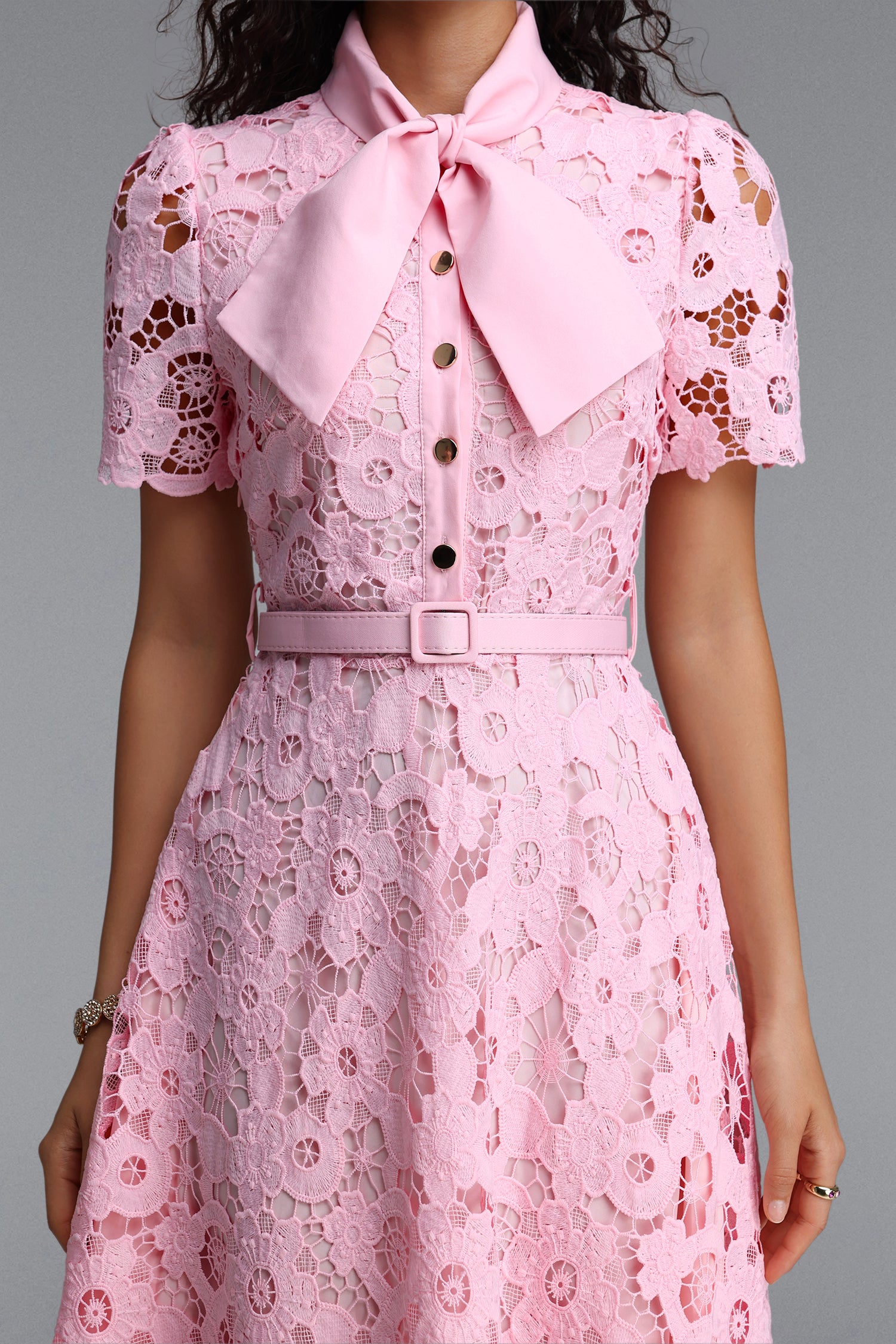 Salo Classic Tailored Bow Collar Short Sleeve Floral Lace Midi Dress	